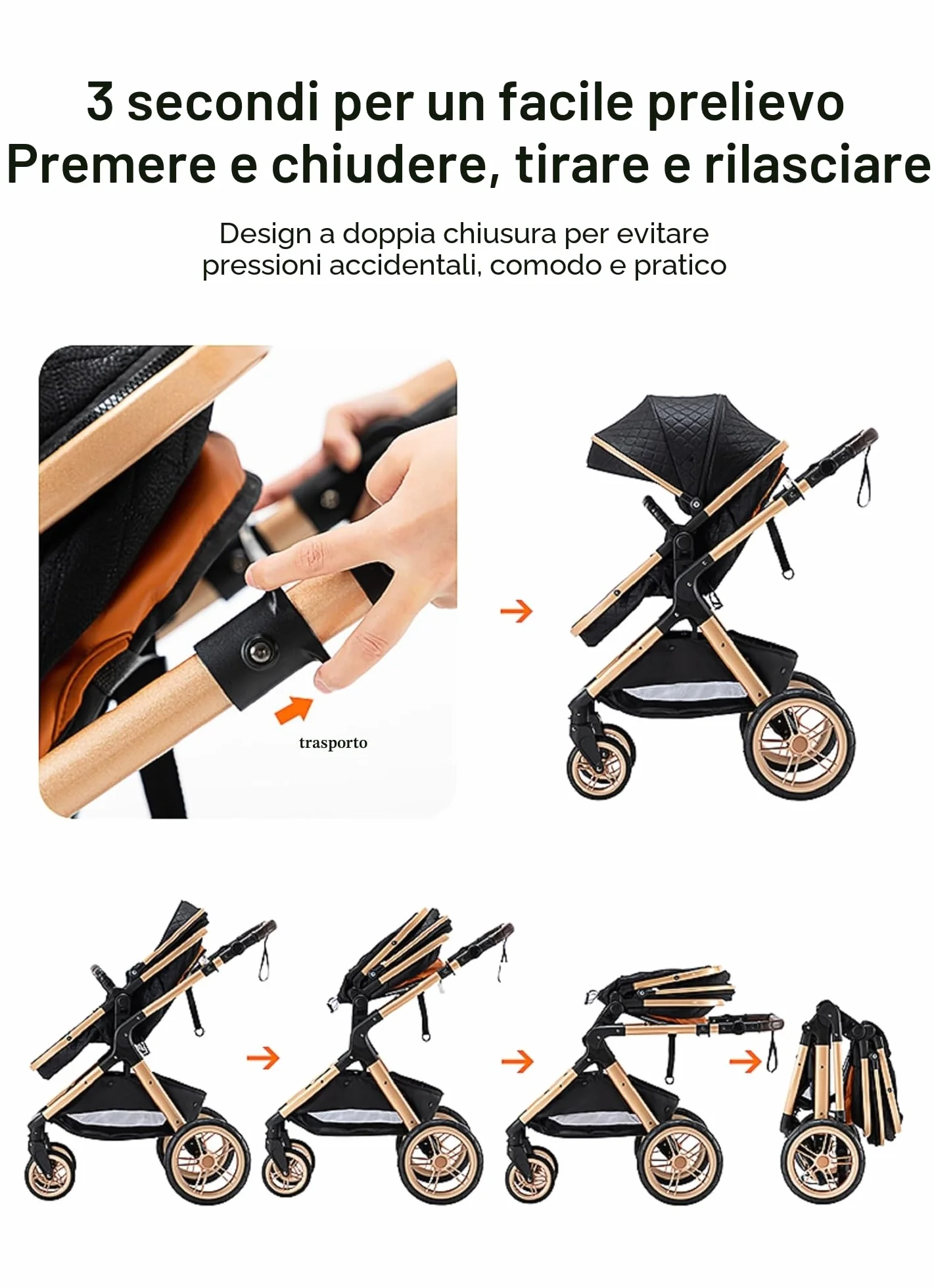 Passeggino 3 in 1 Sistema da Viaggio Pieghevole con Pneumatici in Gomma, Gondola, Adattatori, 25 kg
