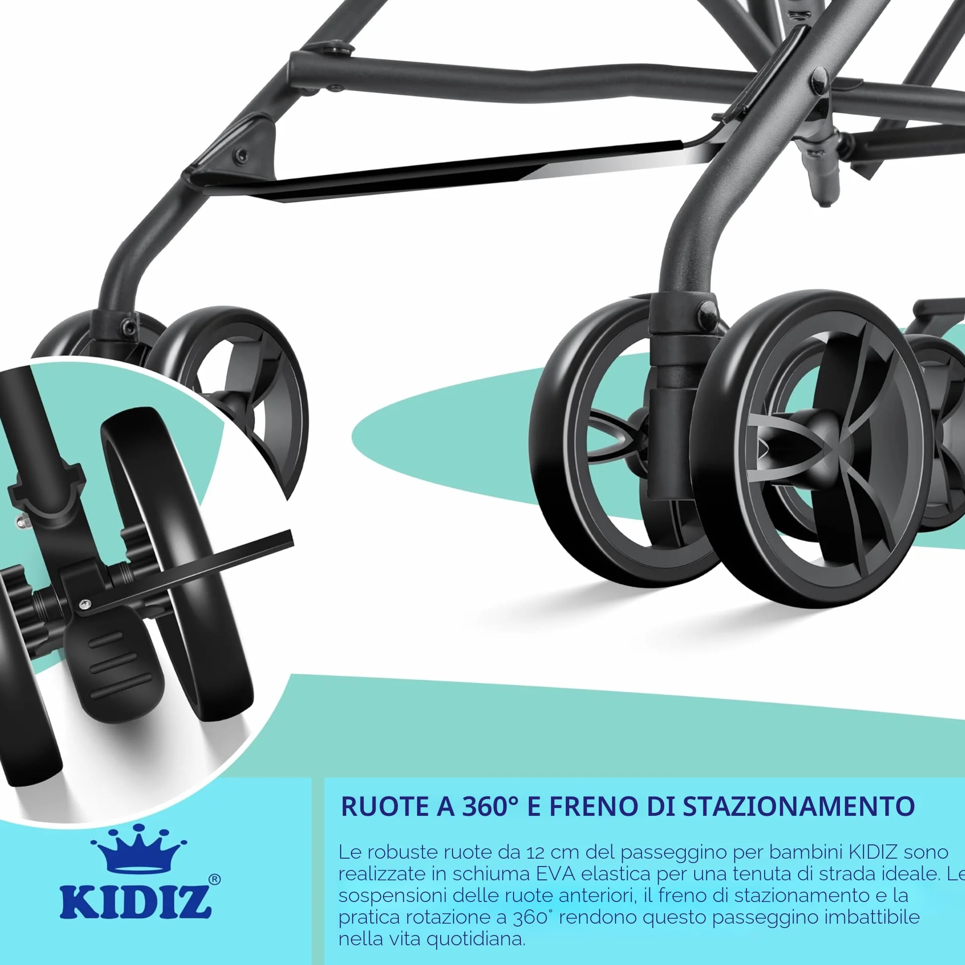 KIDIZ® Passeggino CITY Pieghevole per Bambini con Ruote 4 Pollici e Parasole