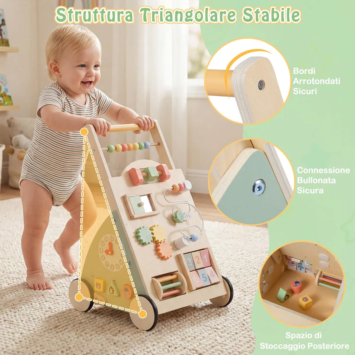 COSTWAY Carello Primi Passi in Legno per Bambini, Girello Montessori con Centro Attività, Ruote e Cestino Portaoggetti, Gioco Educativo per Bambini 12 + Mesi (Modello 5)