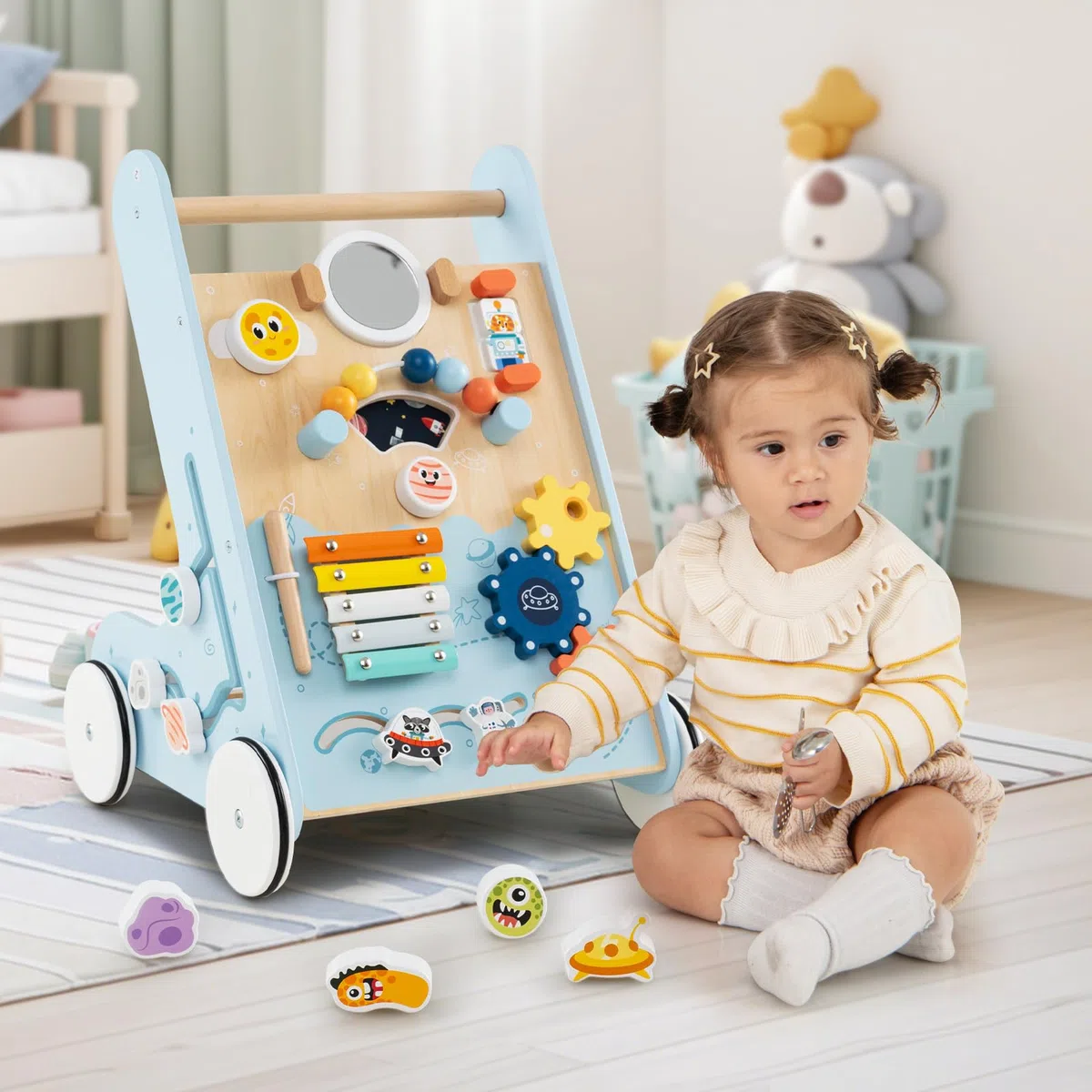 COSTWAY Carrellino Primi Passi 8 in 1, Girello in Legno per Bambini, Giocattolo Montessori, Centro Attività di Apprendimento a Spinta, Giocattolo a Spinta per Bambini di 1+ Anni (Blu)