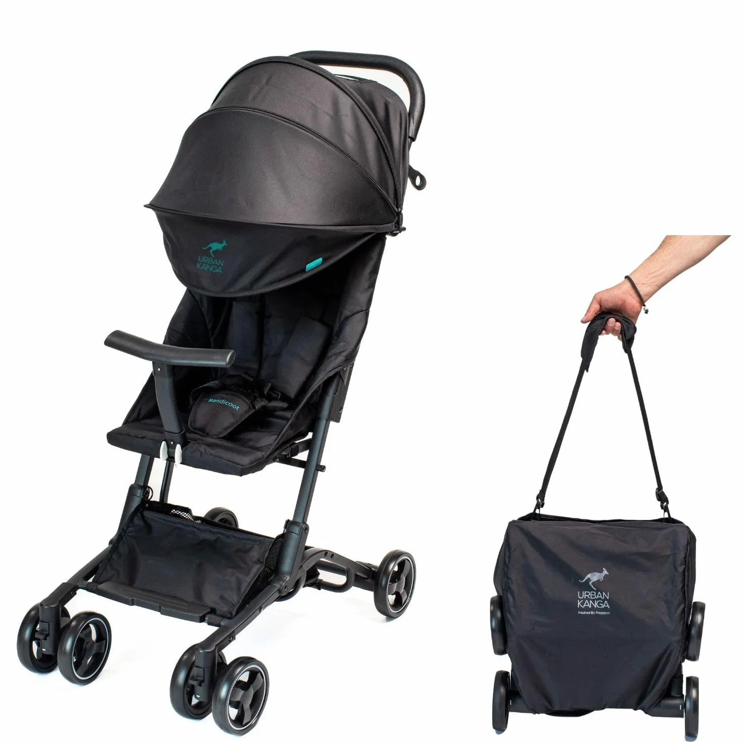 Urban Kanga Bandicoot Passeggino da Viaggio Ultraleggero Pieghevole Compatto fino a 22 kg con Tracolla Copertura Protettiva Midnight Black