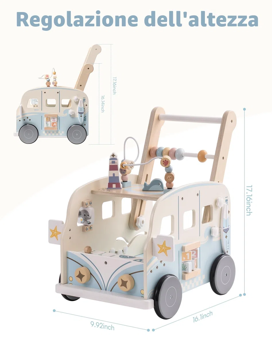 Robud Girello multifunzione in legno per bambini, con ruote e mattoncini, giocattolo primi passi con molteplici attività, da 10 mesi a 1-2 anni