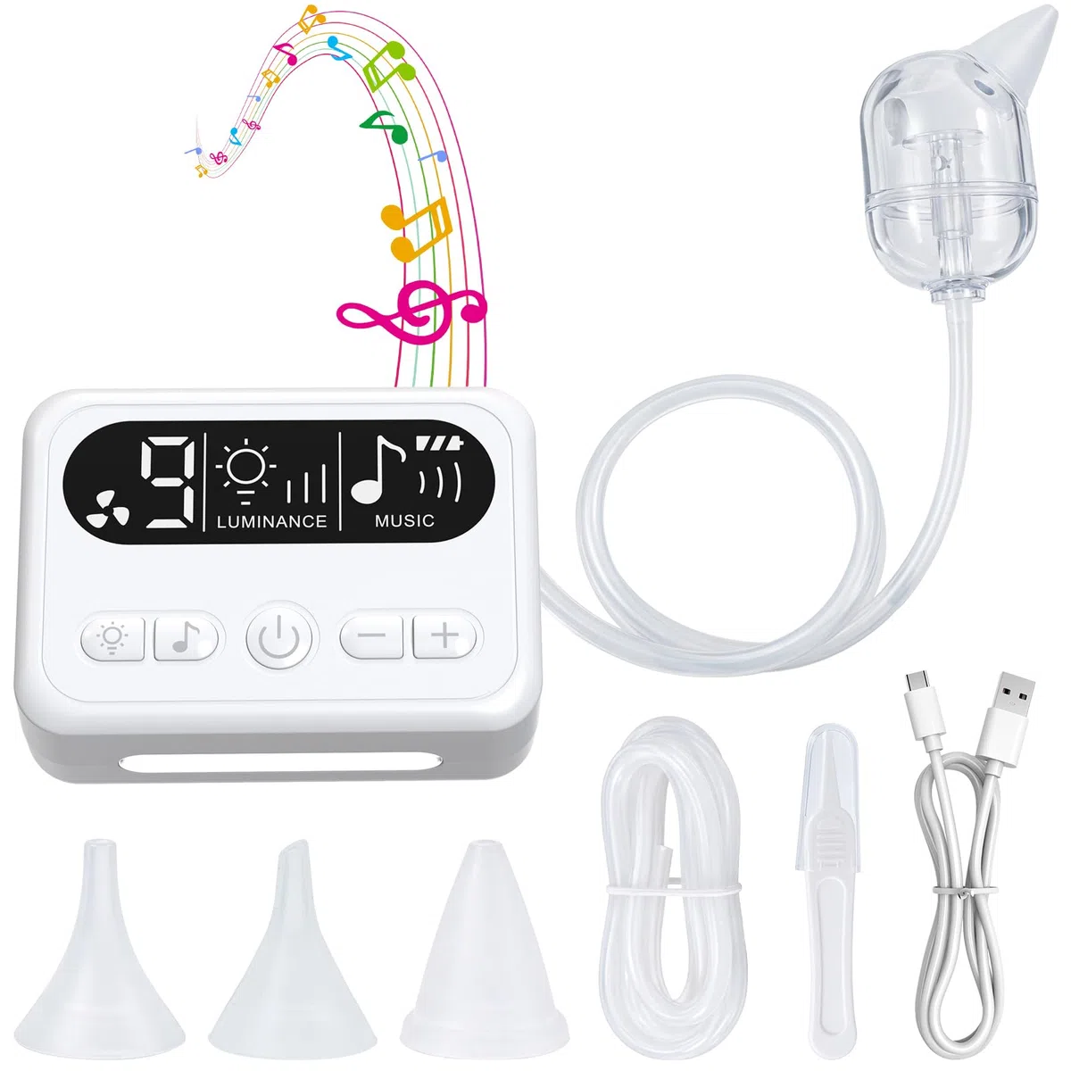 Aspiratore Nasale Neonato Elettrico, 65Kpa Aspiratore Nasale Elettrico Neonato Ricaricabile USB-C, 9 Aspirazione Regolabili, Silenziosi, 3 Silicone Morbido, LED e Musica, Bambino e Neonato