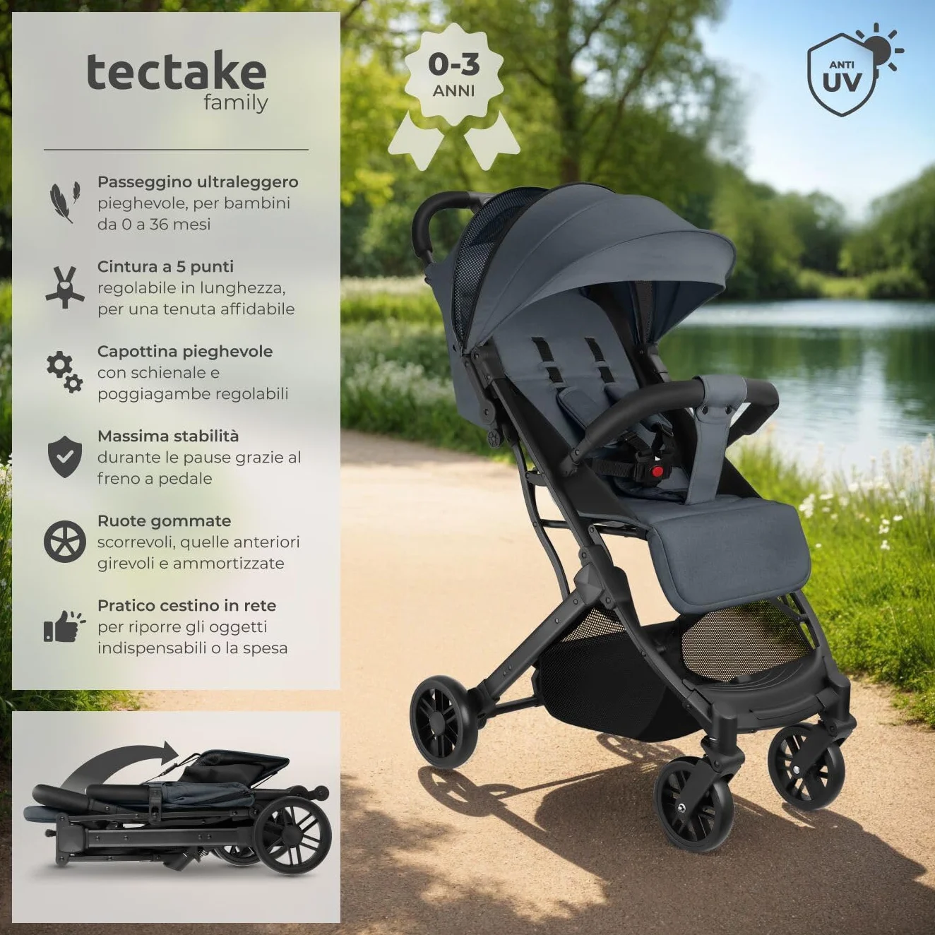 Tectake Passeggino Pieghevole Leggero con Cintura a 5 Punti Regolabile, Freno Pedale, Tettuccio UV, da 0 a 3 Anni - Antracite