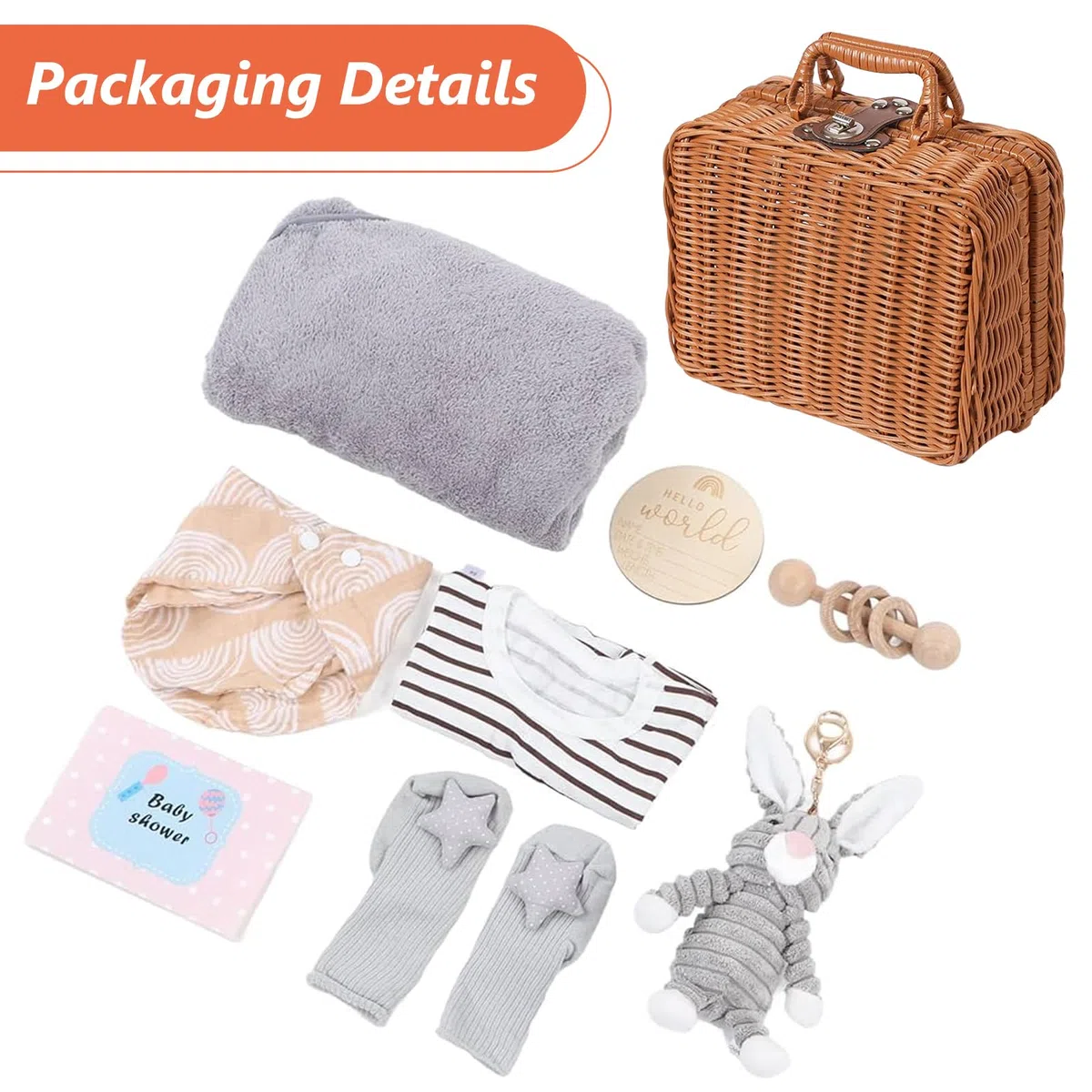 Cesto regalo per neonati: 9 in 1, set regalo per nascita, baby shower con fazzoletto triangolare, cestini, biglietti di nascita, biglietti di auguri, calzini, peluche, vestiti, copertine, sonagli in