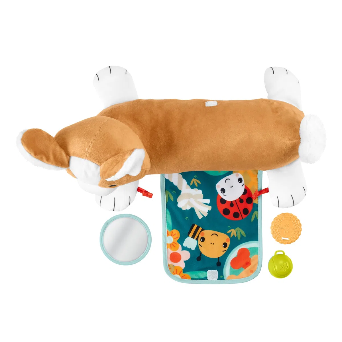 Fisher-Price - Cuscino Corgi Tummy Time 3 in 1, sostiene Il Bambino in 3 Modi Durante Ogni Fase della Crescita: disteso, Seduto, per Gioco di Ruolo; con 1 specchietto e sonaglino Senza BPA, HJW10