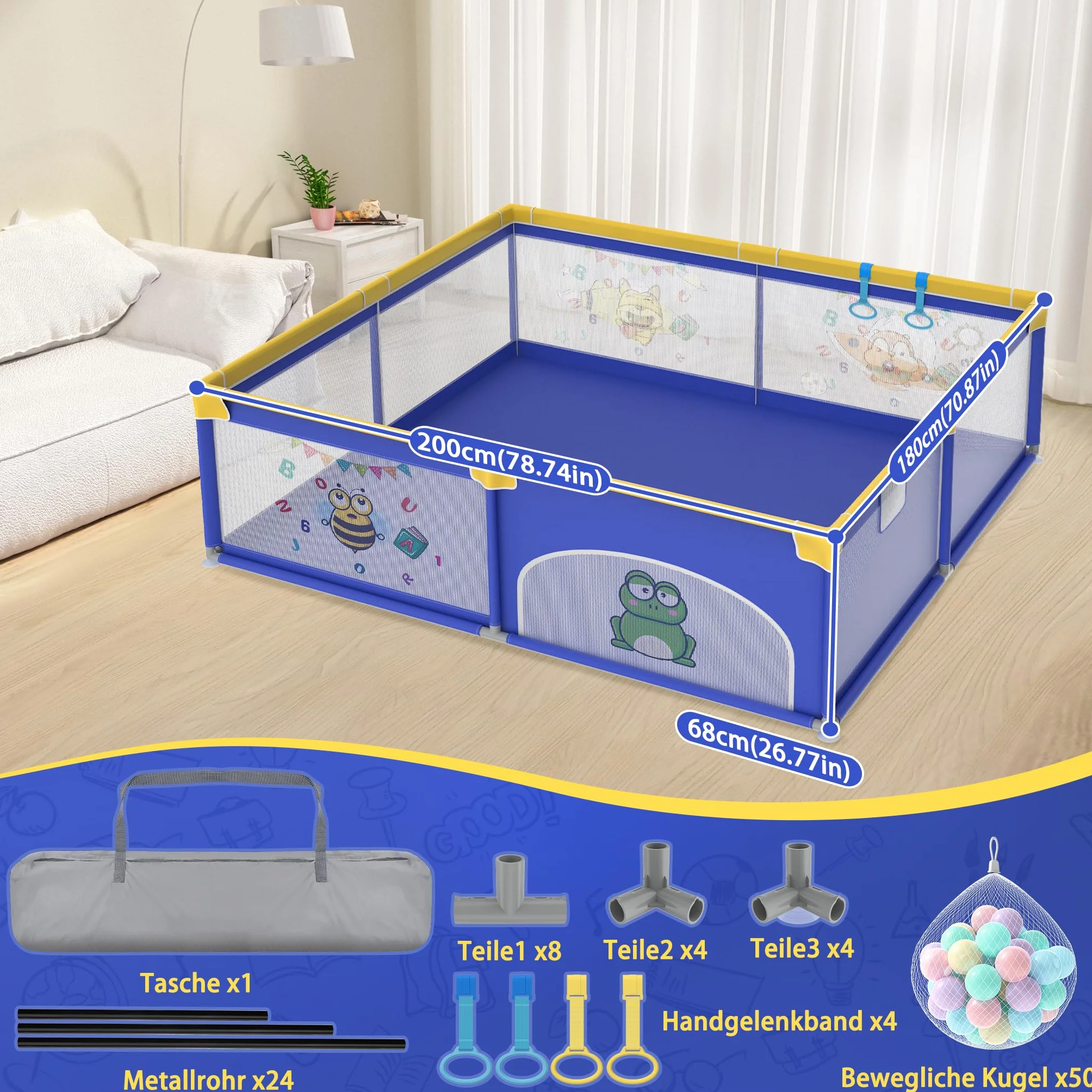 Aufun Box per Bambini, Tela 300D Oxford, con Schiuma Anti-Collisione, Griglia di Blocco, Rete Traspirante, Cerniera (Blu, 180x200x68 cm)