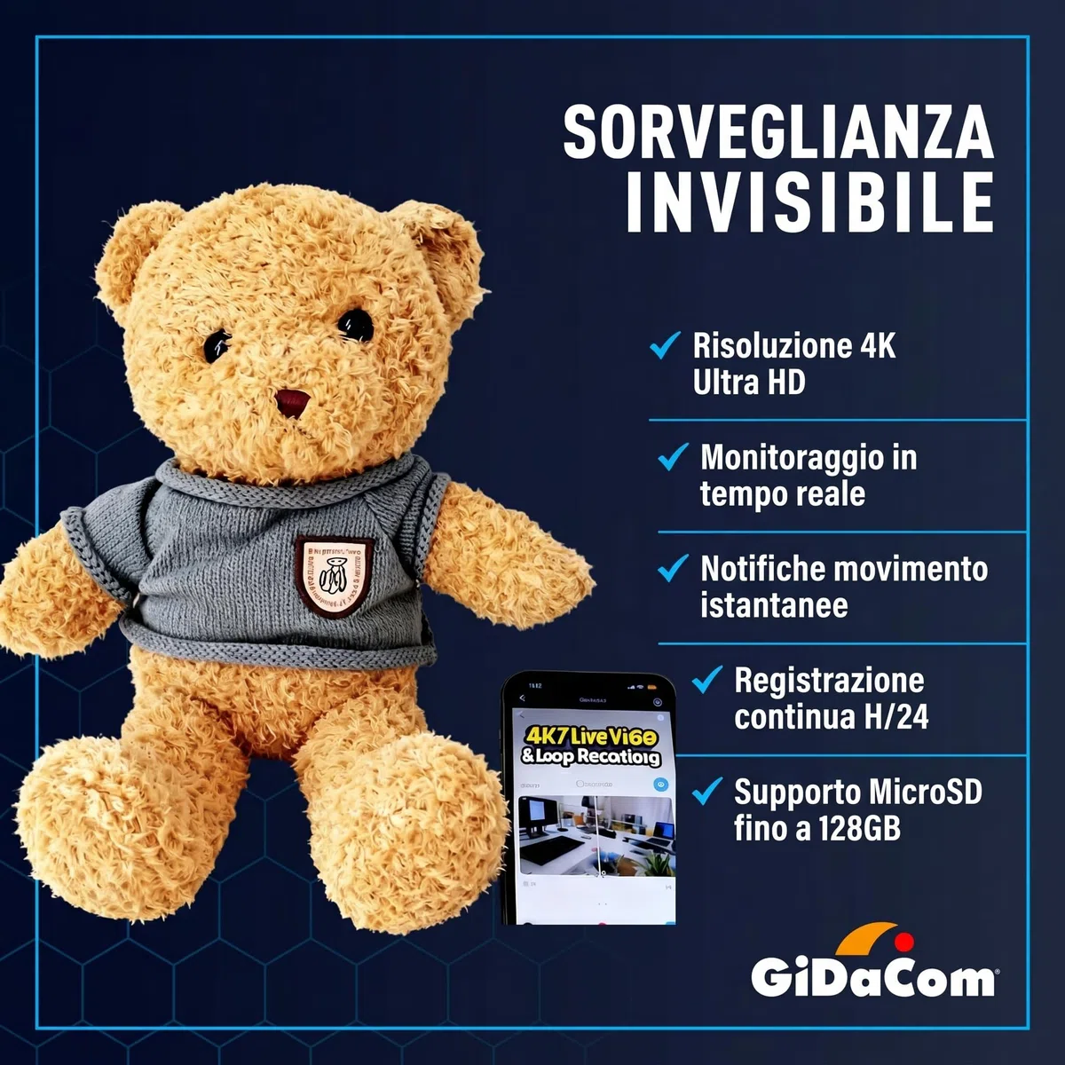 Orsacchiotto con Telecamera WiFi – Baby Monitor 4K e 1080P con Visione in Tempo Reale, Rilevamento Movimento con Notifiche, Supporto Micro SD 128GB, App Allcam365