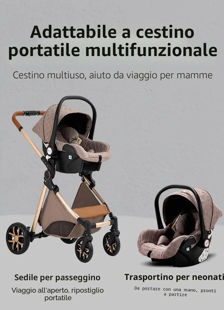 YAZOCO Passeggino Trio 3 in 1 Carrozzina Ovetto Pieghevole Set Viaggio Khaki