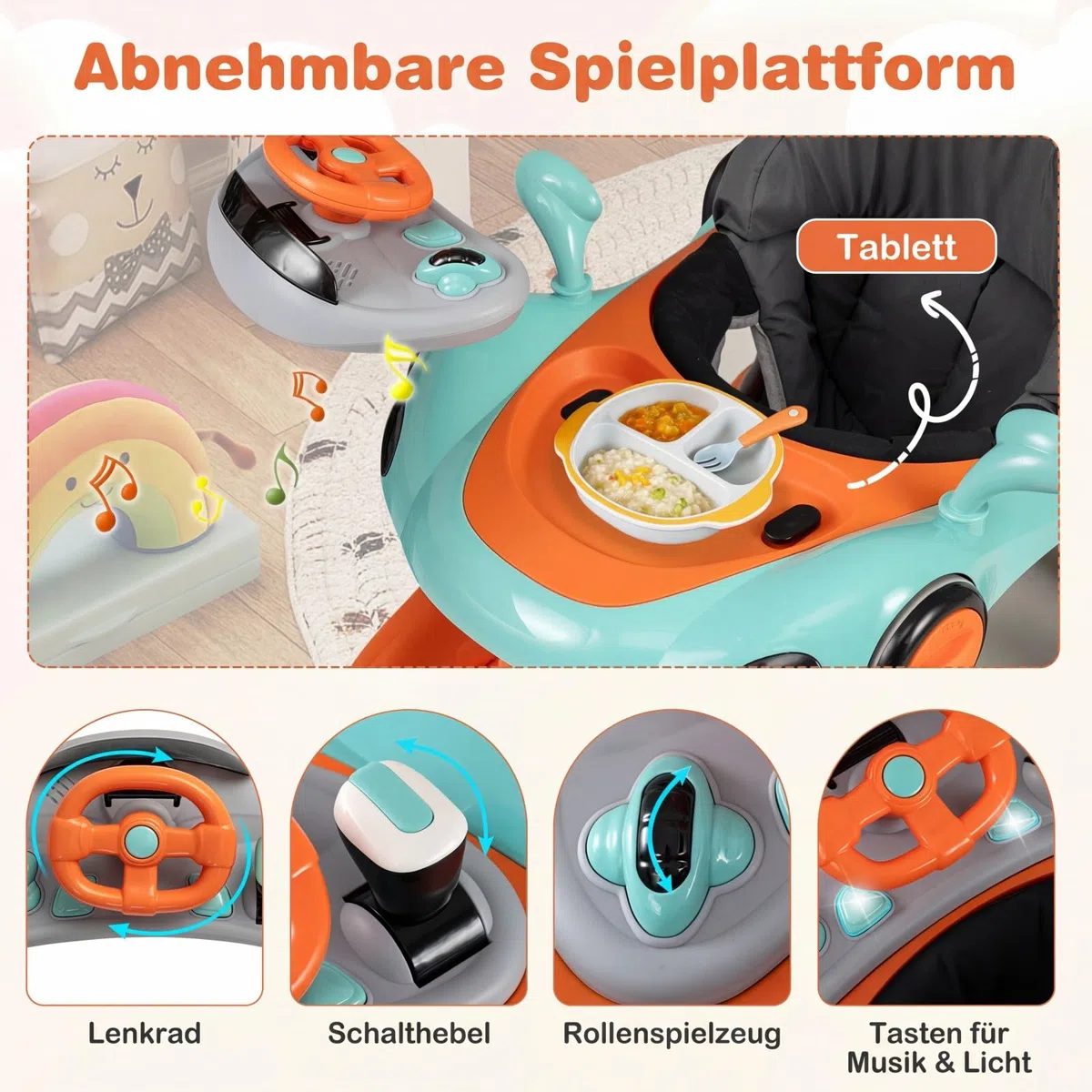 GIANTEX Girello per Bambini 7-18 Mesi 7 in 1, Baby Walker con Tettuccio, Vassoio di Giochi, Carillon, Luci, Primi Passi Piegevole, Altezza e Velocità Regolabili, Carrello da Spinta (Arancione + Verde)