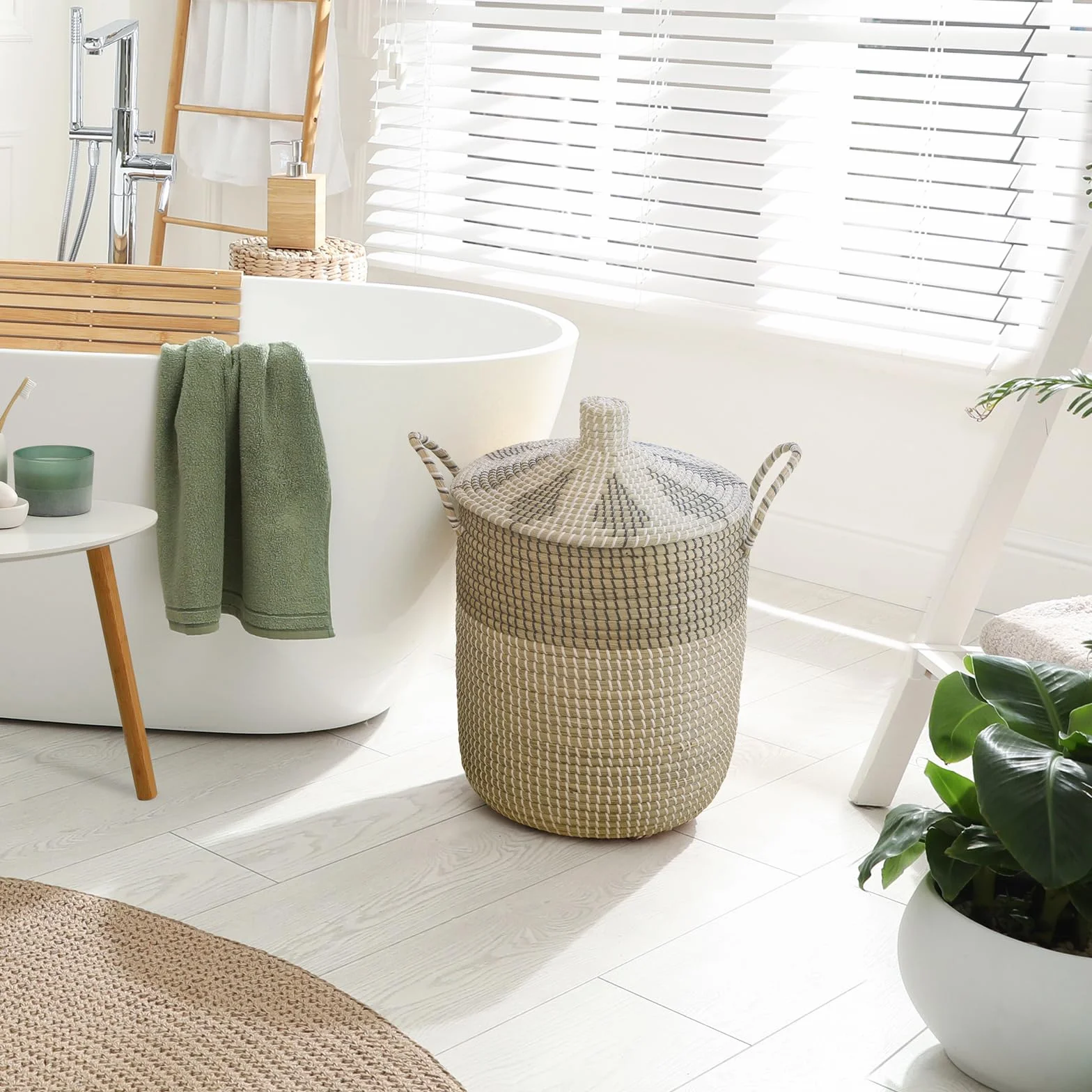 3 Set di cesti per biancheria intrecciati con coperchio, di varie dimensioni 76L+43L+26L, cesto con tasche e manici, cesti portaoggetti in zostera realizzati a mano, per biancheria o coperte in bagno