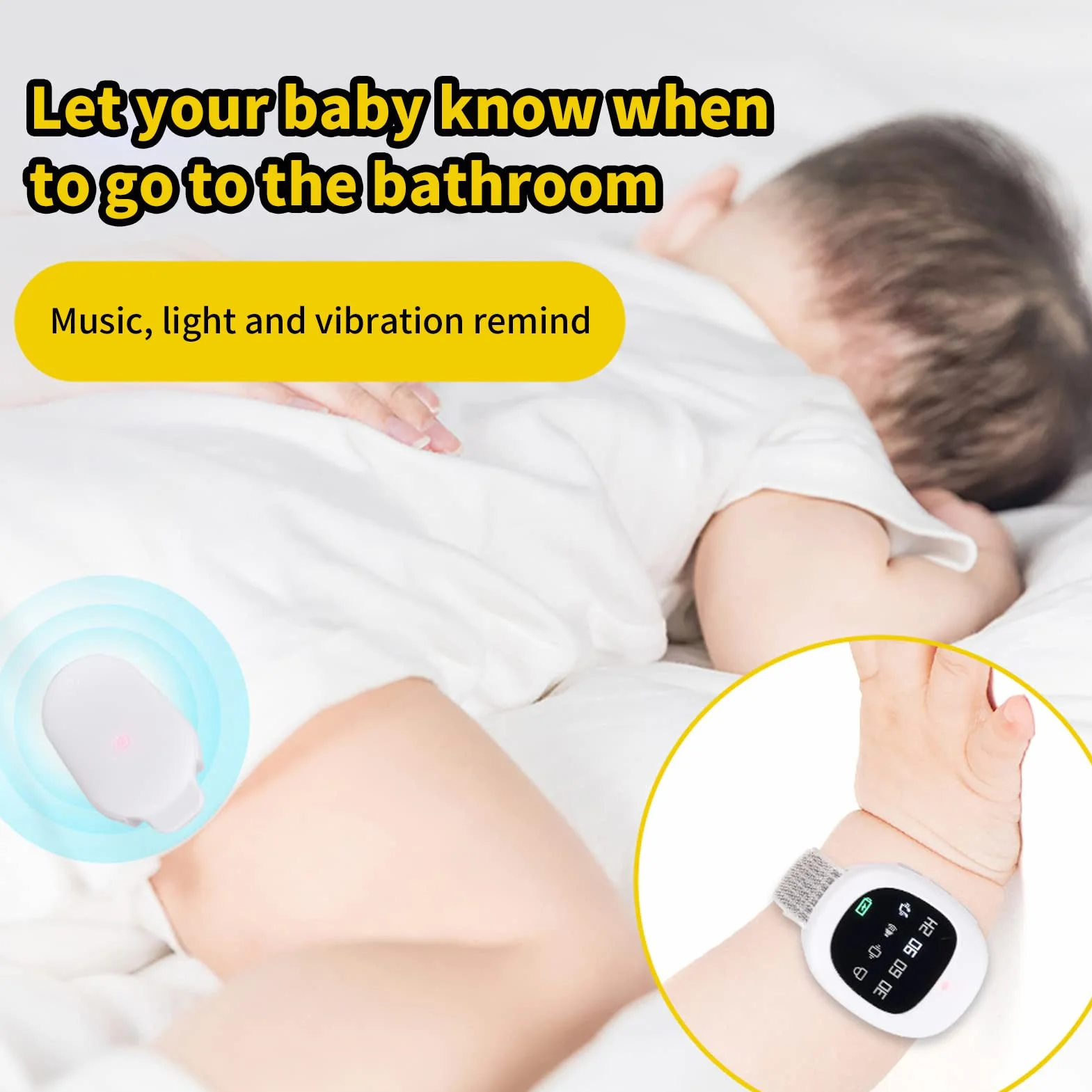 Allarme Senza Fili per la pipì a Letto, Orologio per l'addestramento al vasino con 4 Timer, Allarme enuresi Letto con Vibrazione Sonora, Allarme pipì Orologio sensore bagnatura