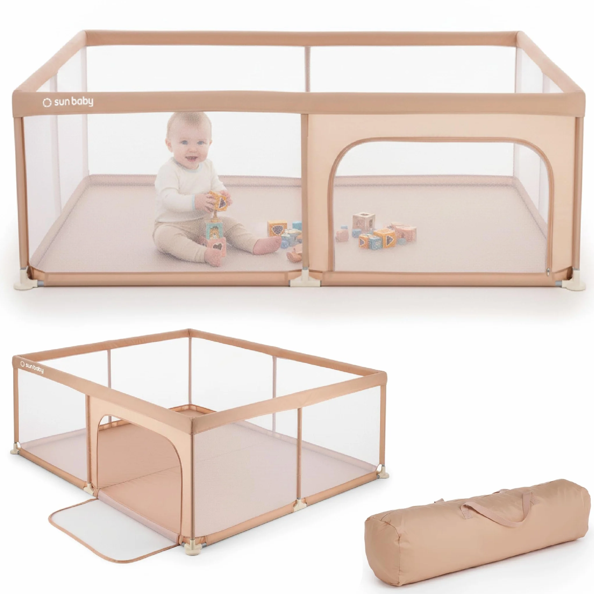 Sun Baby Box Bambini 150x200 cm 0-2 anni Salmone Poliestere Pareti in Rete Cerniera Piedini Antiscivolo Borsa Inclusa Struttura Metallo