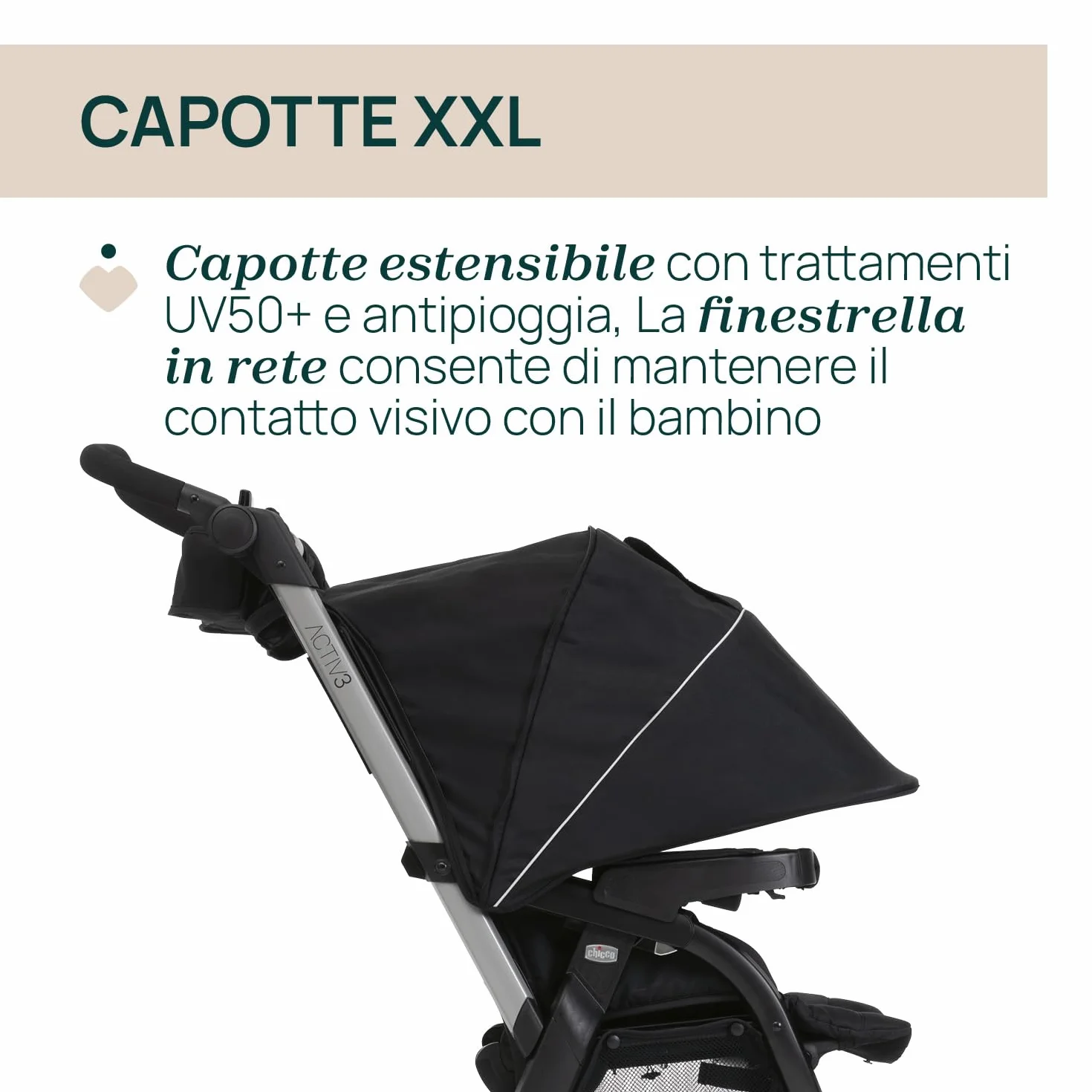 Passeggino Activ3 Con 3 Ruote, Funzionale e Facile da Guidare Su Tutti i Terreni, Seduta Ampia, Schienale Reclinabile, Chiusura Pratica e Veloce, Ammortizzatori Regolabili, 0 Mesi+, Ebony