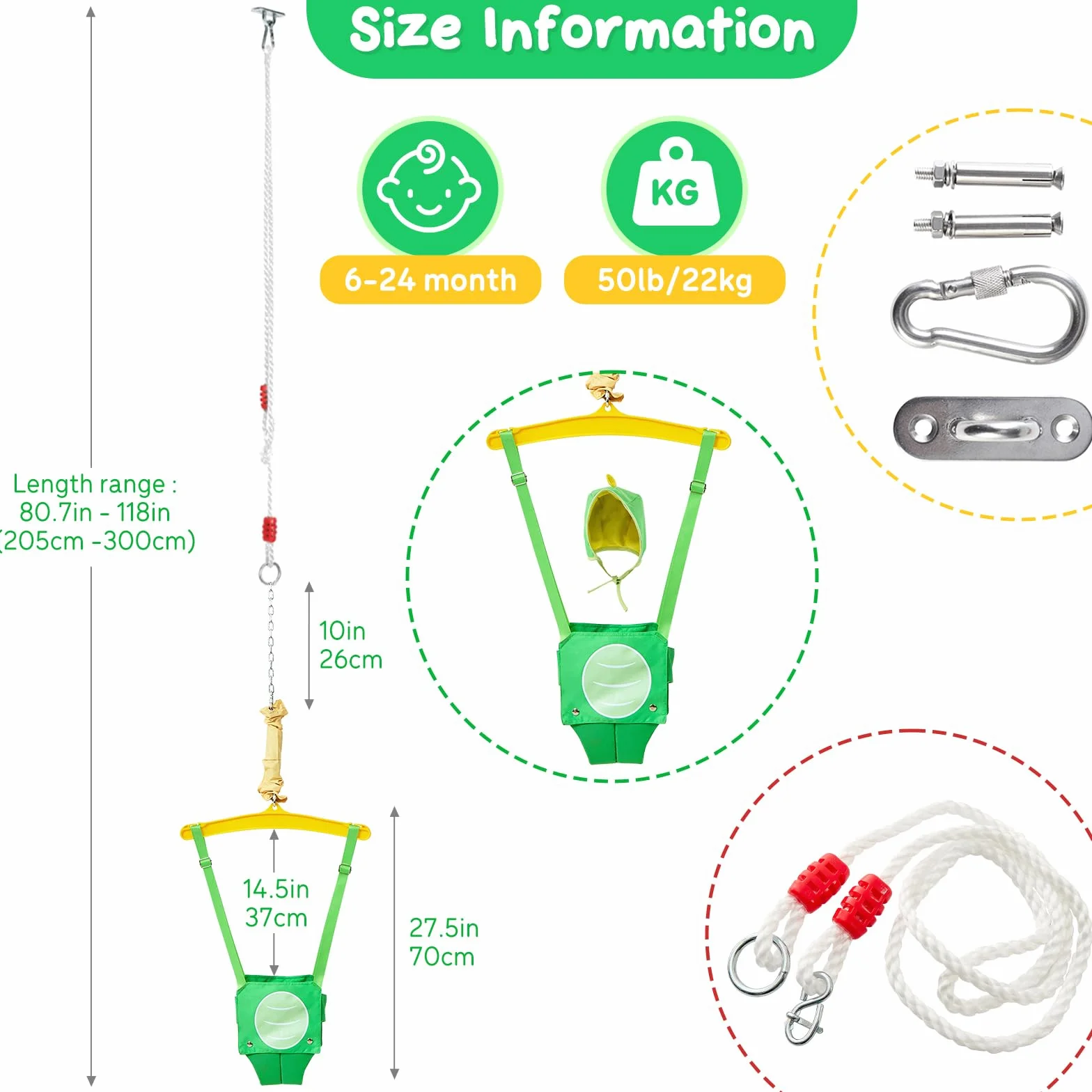 FUNLIO Baby Jumper con gancio da soffitto per 6–24 mesi, jumper da porta per interni ed esterni, con catena regolabile, facile da montare e riporre (con gancio da soffitto) – Dinosauro Verde