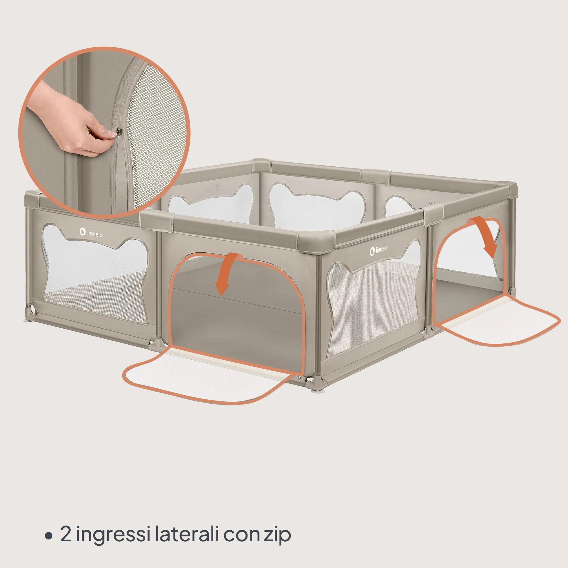 LIONELO WILLOW XL Box Pieghevole Per Bambini 0-48 Mesi Rete Traspirante 207x187 cm Beige