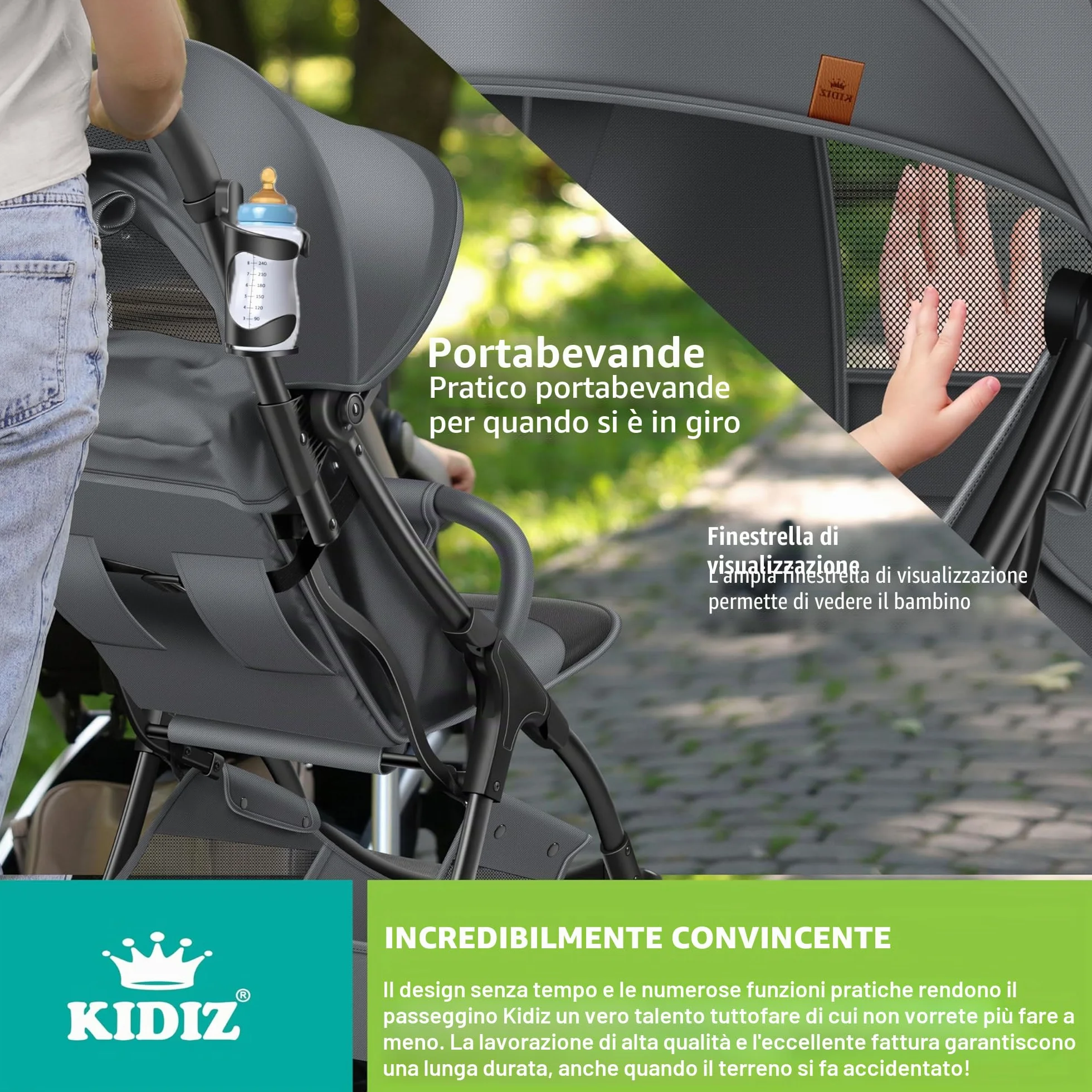 KIDIZ® Premium Passeggino Pieghevole con Ruote 360°, Imbracatura 5 Punti, Portabibite, Parapioggia, Schienale Regolabile, Capottina Parasole, Antracite