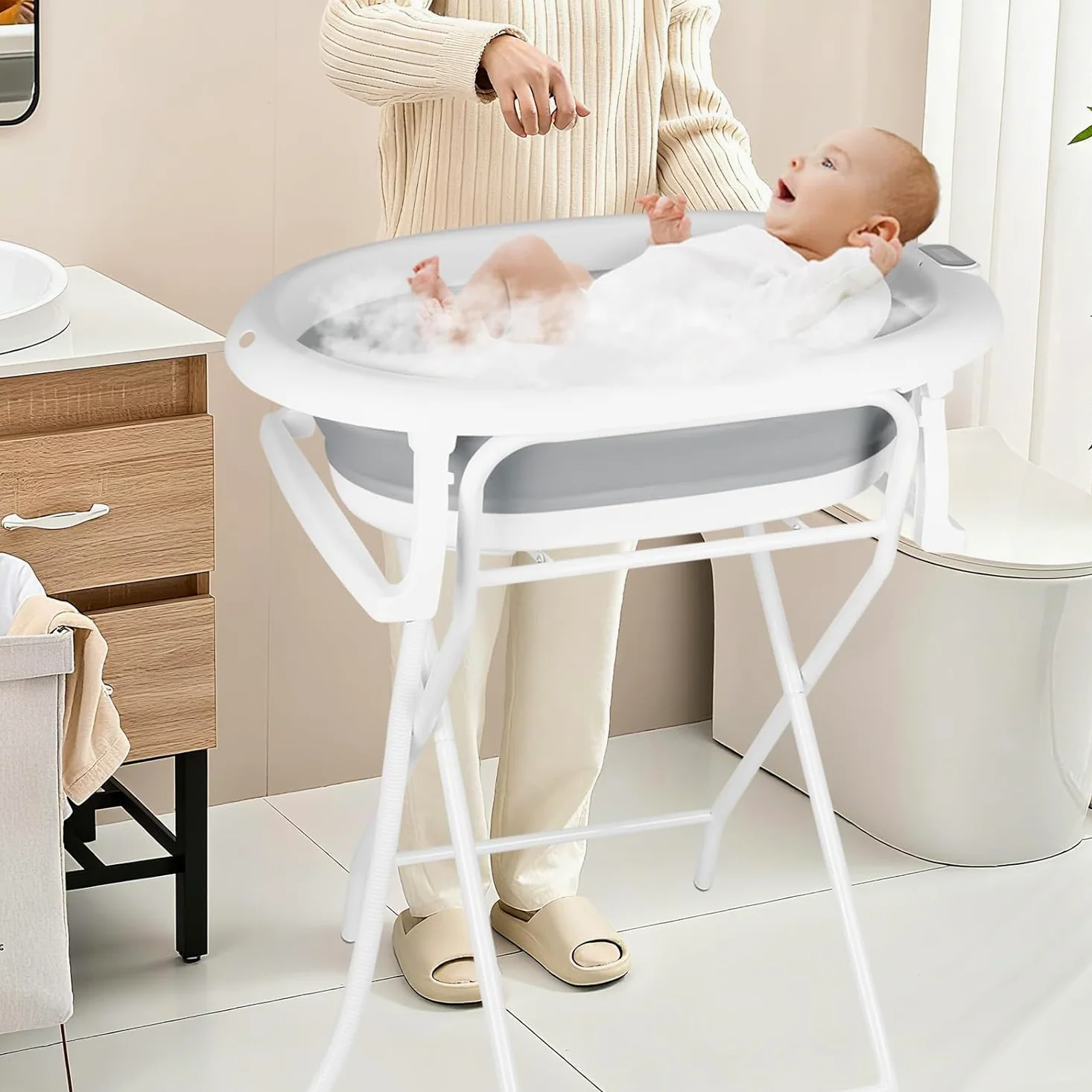 Vasca da bagno pieghevole con supporto in acciaio per neonati con termometro e tubo di scarico–Cuscino ergonomico neonato– guadagno di spazio piccolo bagno– 0-3 anni ((Style 1) 85 * 47 * 85cm-grey)