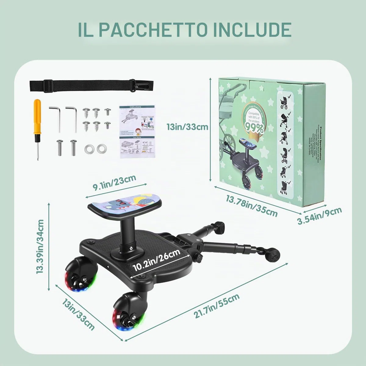 Pedana Universale per Passeggino, Pedana per Bambini con Ruote Lampeggianti, Pedana per Passeggino con Seduta Fantasia, Compatibile con Oltre Il 99% dei Passeggini, Carico 25 kg