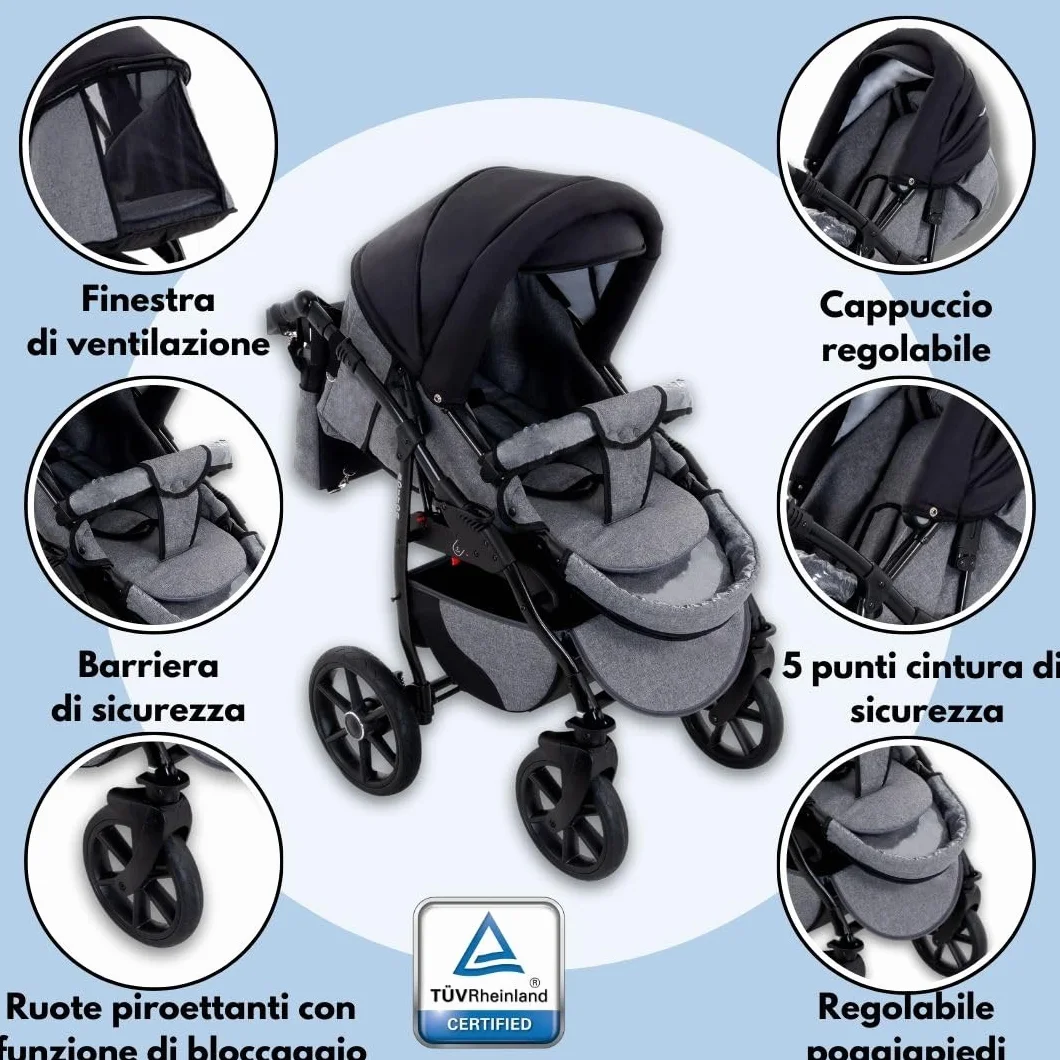 GaGaDumi Boston Passeggino Trio 3 in 1 Carrozzina Passeggino Seggiolino Auto Sistema Viaggio Completo Nero