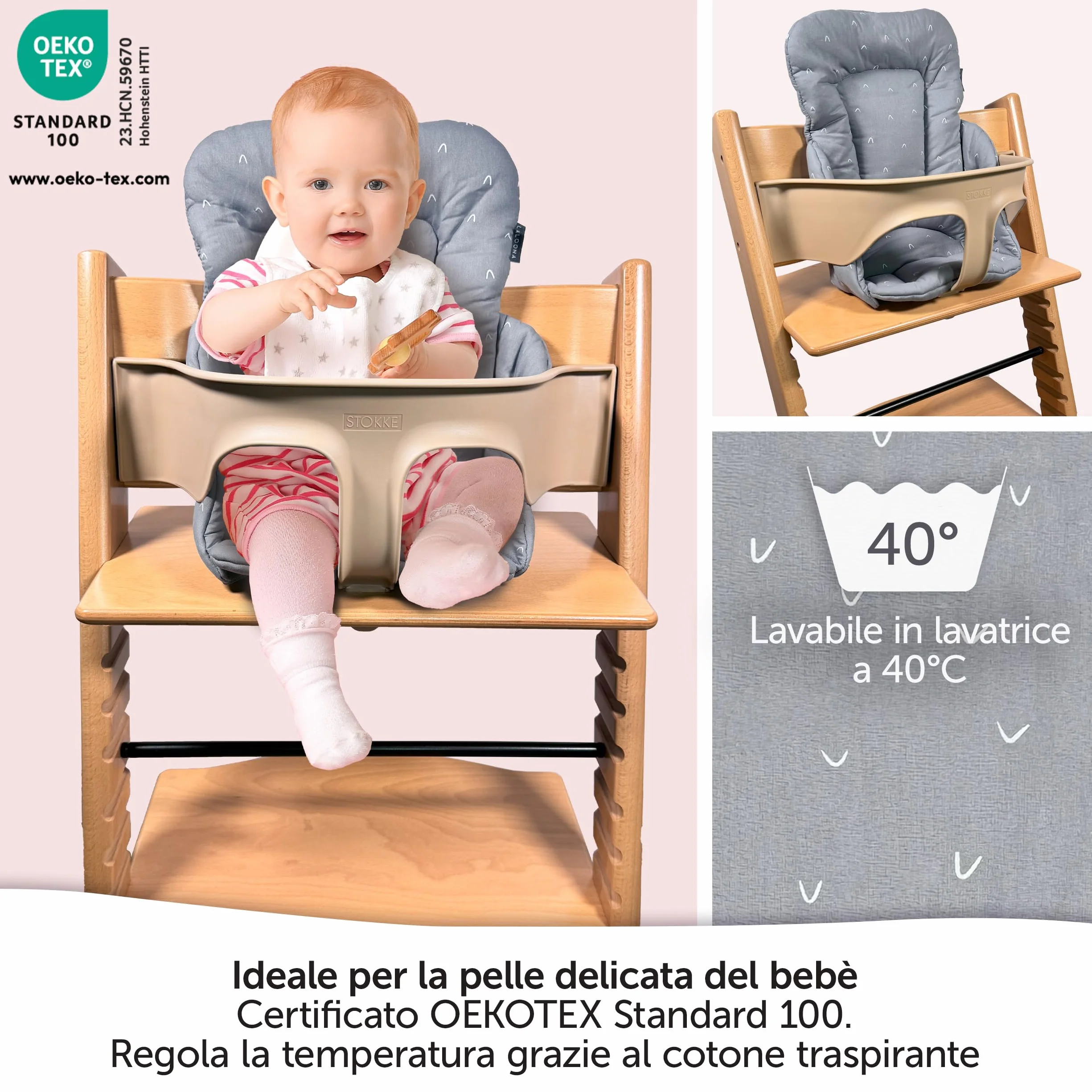LaLoona Cuscino Riduttore Seggiolone per Stokke Tripp Trapp, Cotone, OEKO-TEX Standard 100, Lavabile in Lavatrice, Grigio