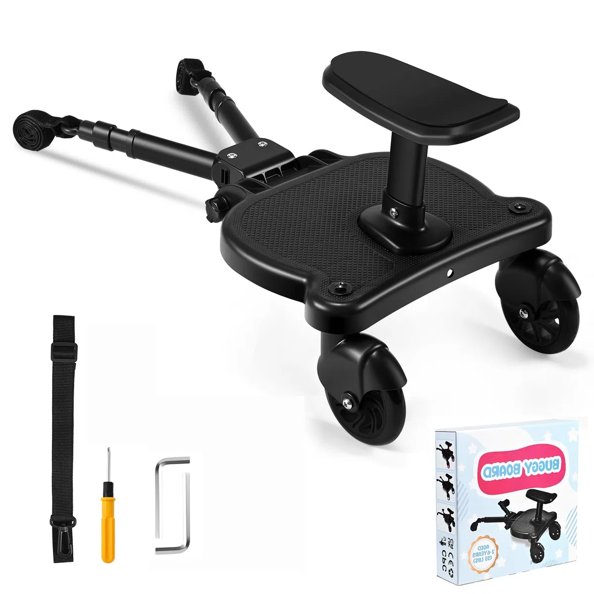 Pedana Passeggino Universale Con Sedile, Portatili Per pedana per passeggino, Pedana passeggino Con Cinghia Di Sospensione Per Bambini Di 2-6 Anni (25 Kg) Nero