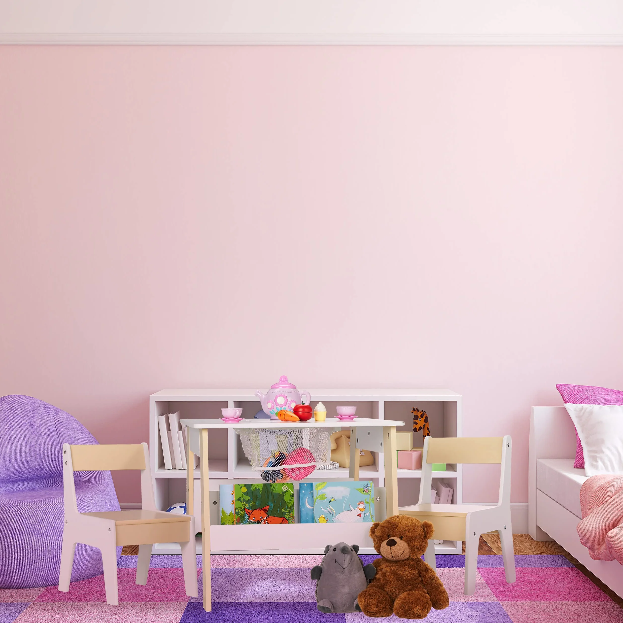 Relaxdays Tavolino con 2 Sedie per Bambini, Scomparto per Libri, Bianco Beige