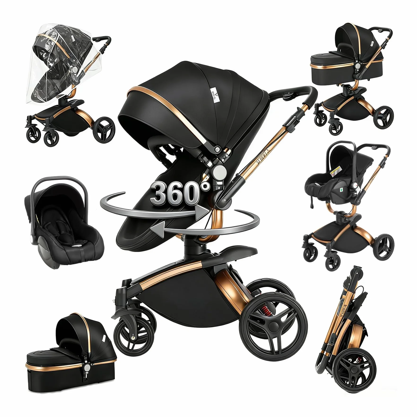 Magic ZC 360° Girevole Pelle PU Passeggino Trio 3 in 1 Reversibile a Due Vie per Neonati con Accessori (906 Black)