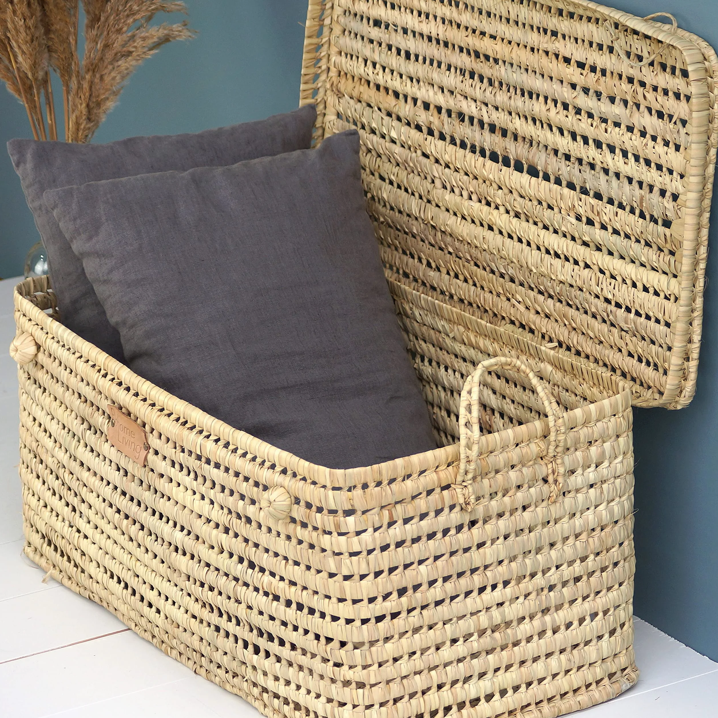 Baule Contenitore in Vimini Intrecciato, Cesto Portaoggetti, Portabiancheria, Decorazione Boho Chic (80cm)