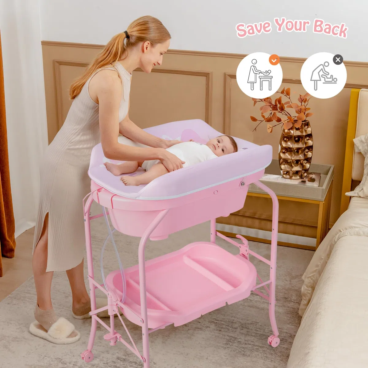 LIFEZEAL Vaschetta Bagnetto Neonato, 0-12 Mesi, con Fasciatoio, Vaschetta Bagnetto Neonato Pieghevole, con Materassino Fasciatoio, Ripiano Portaoggetti e Ruote, Portata 35 kg (rosa)