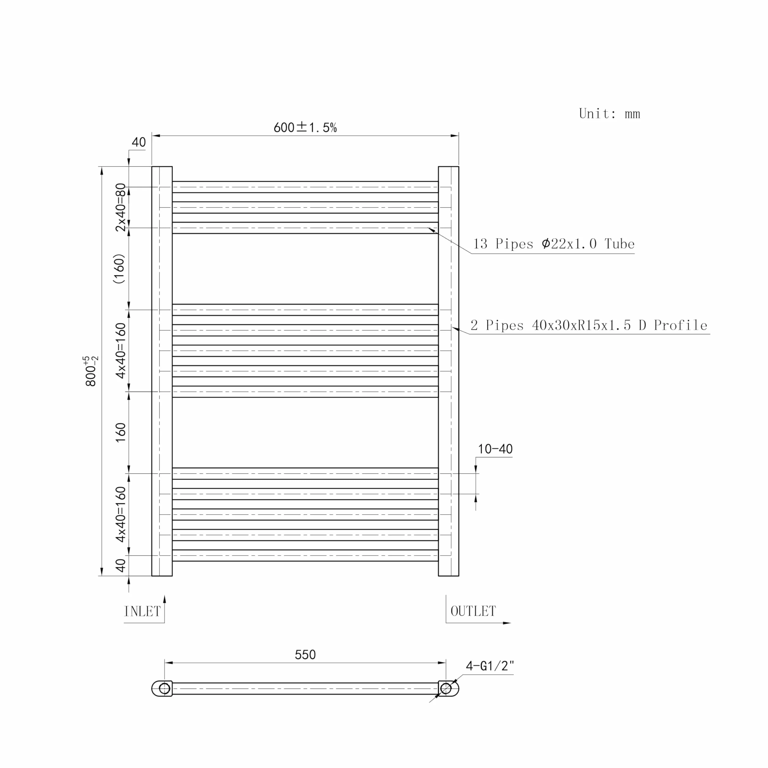 AICAIT Termoarredo Bagno Scaldasalviette Acciaio al carbonio Termosifone Antracitico 800x600mm