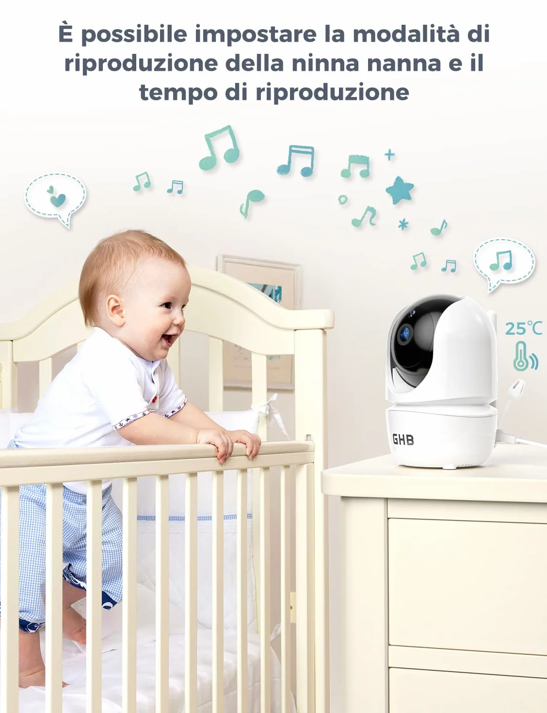 GHB Baby Monitor Video e Audio Videocamera Schermo 5'' 350°/110° Comunicazione Bidirezionale VOX Visione Notturna Monitoraggio Temperatura