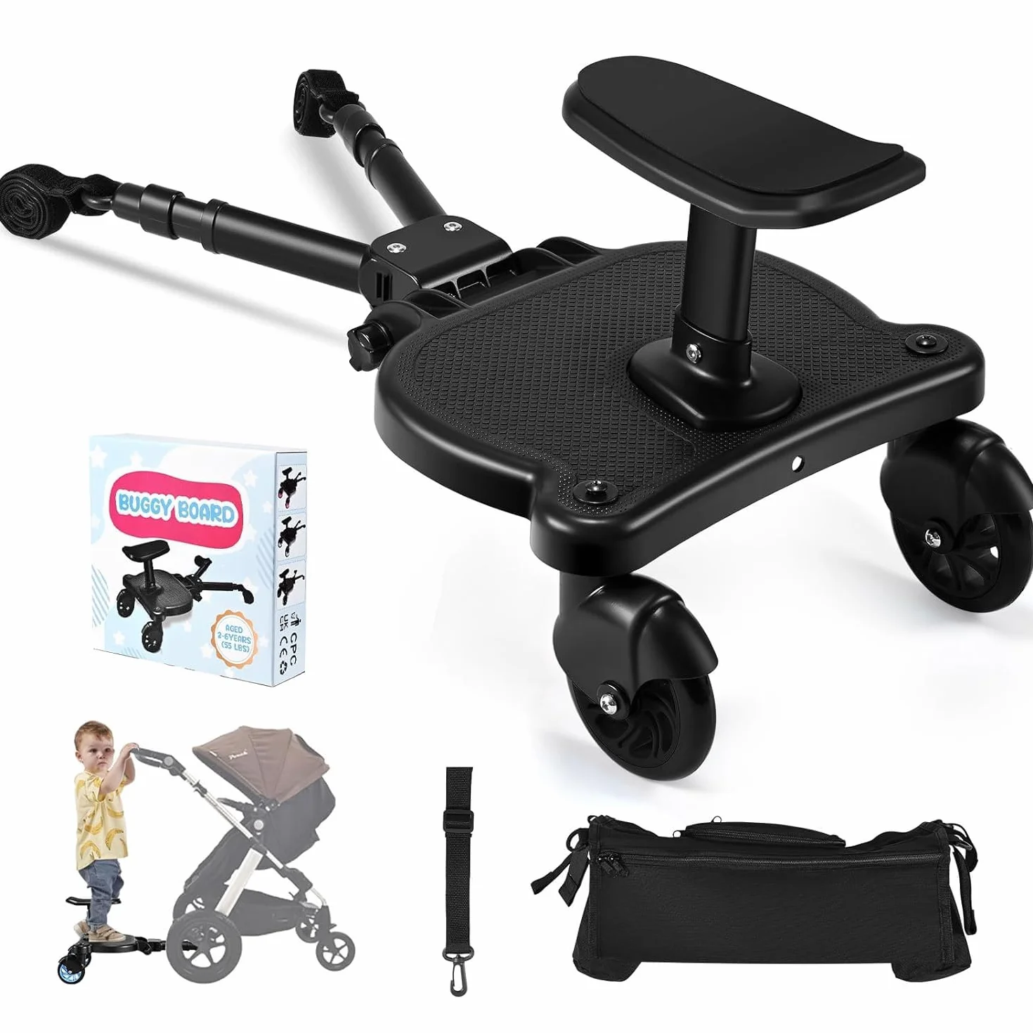 Pedana Passeggino Universale con Sedile, Tavola Passeggino con Borsa Portaoggetti per Passeggino e Fune di Sospensione, Buggy Board per Bambini da 2 a 6 Nnni (25KG)