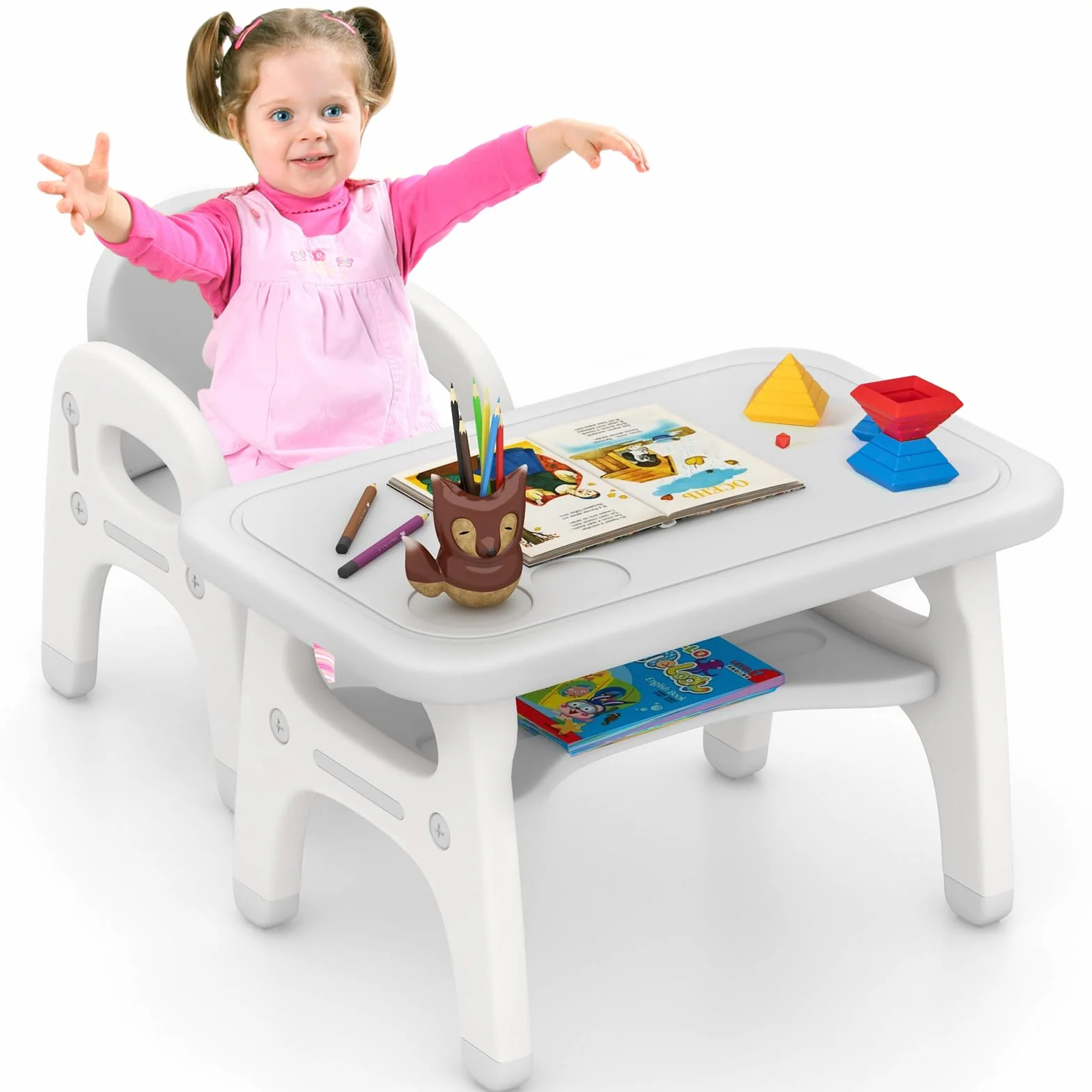COSTWAY Tavolo e Sedia per Bambini Dinosauro Set Scrivania Attività Artistiche Studio 1-5 Anni Grigio