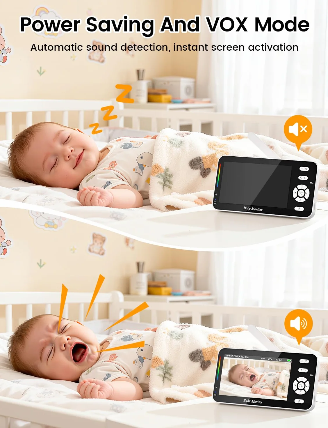 BURNNOVE Baby Monitor Video e Audio WiFi 4,3 Pollici IPS 3500mAh Batteria VOX Luce Notturna Rilevamento Temperatura