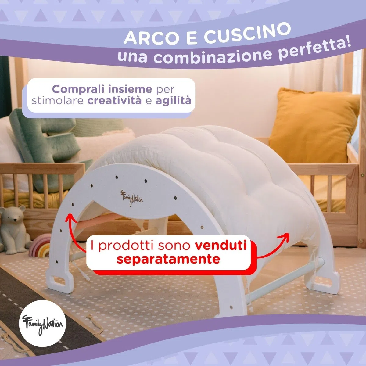 Family Nation, Cuscino per Arco Montessoriano Rainbow da Arrampicata, per Bambini da 6 Mesi di Età, in Lana di Peluche, Lavabile in Lavatrice, 94x44x8 cm