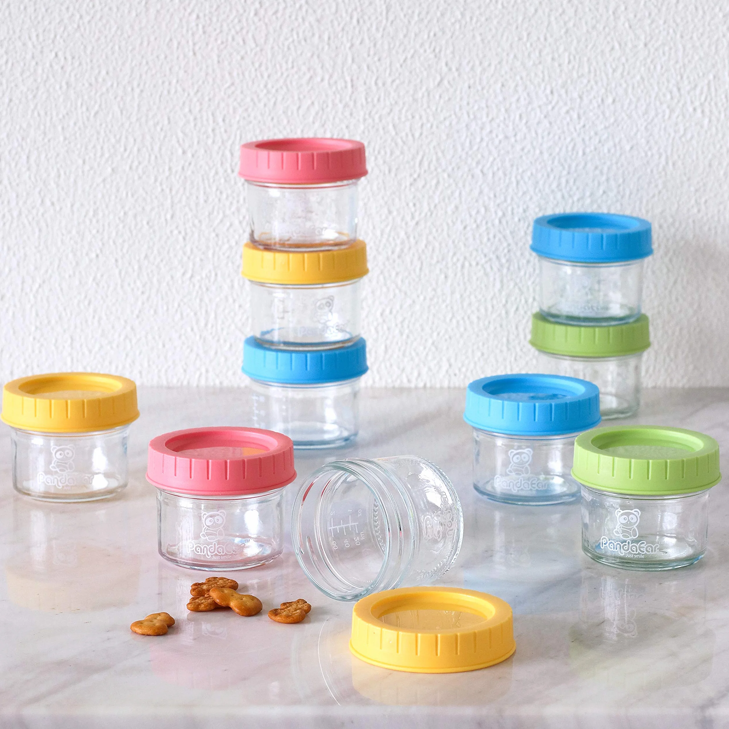 PandaEar (confezione da 12 barattoli di vetro per alimenti per bambini | Conservazione del congelatore per piccoli contenitori riutilizzabili da 4 once con coperchi ermetici a prova di perdite