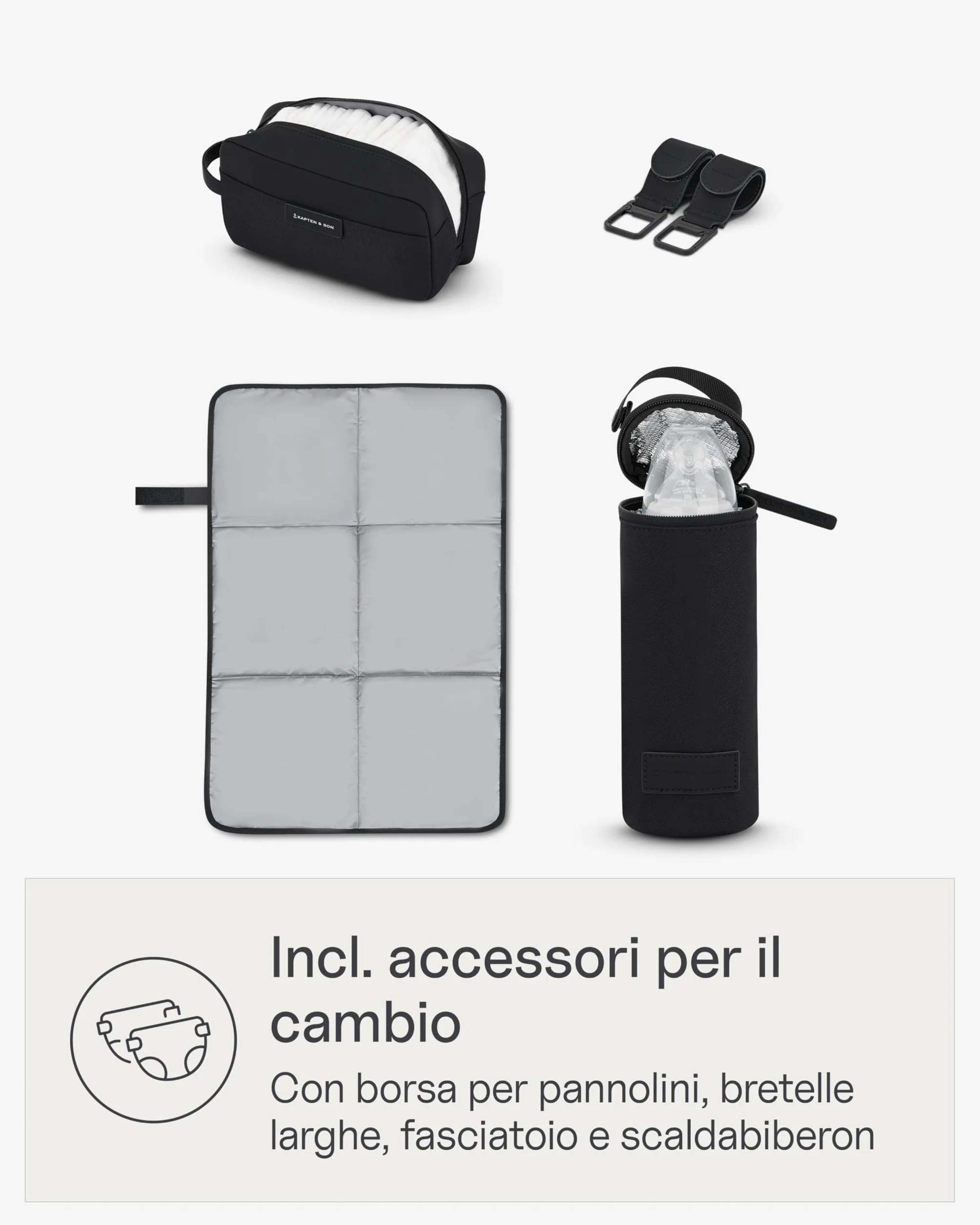 Kapten & Son Shopper Hellvi Diaper Set 25 l, borsa fasciatoio con fissaggio a passeggino e valigia, inclusa borsa da trucco e portabottiglie isolato