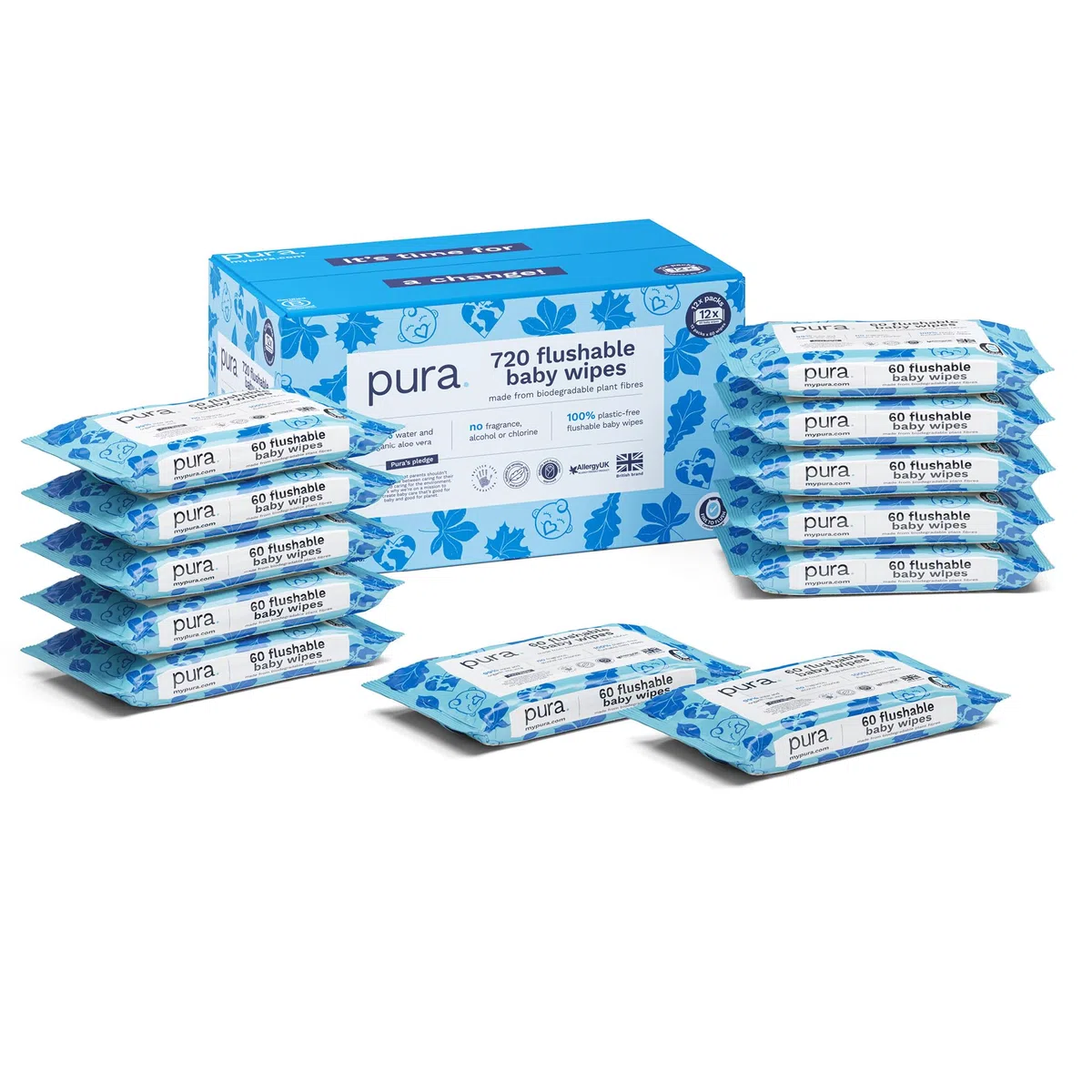 Pura Salviette Bagnate Detergenti, 720 Salviette (12 x 60 Salviette), 99% Acqua, 100% Senza Plastica, Adatte per Pelle Sensibile e Senza Profumo, Aloe Vera, Neonati, Biodegradabili, Vegan
