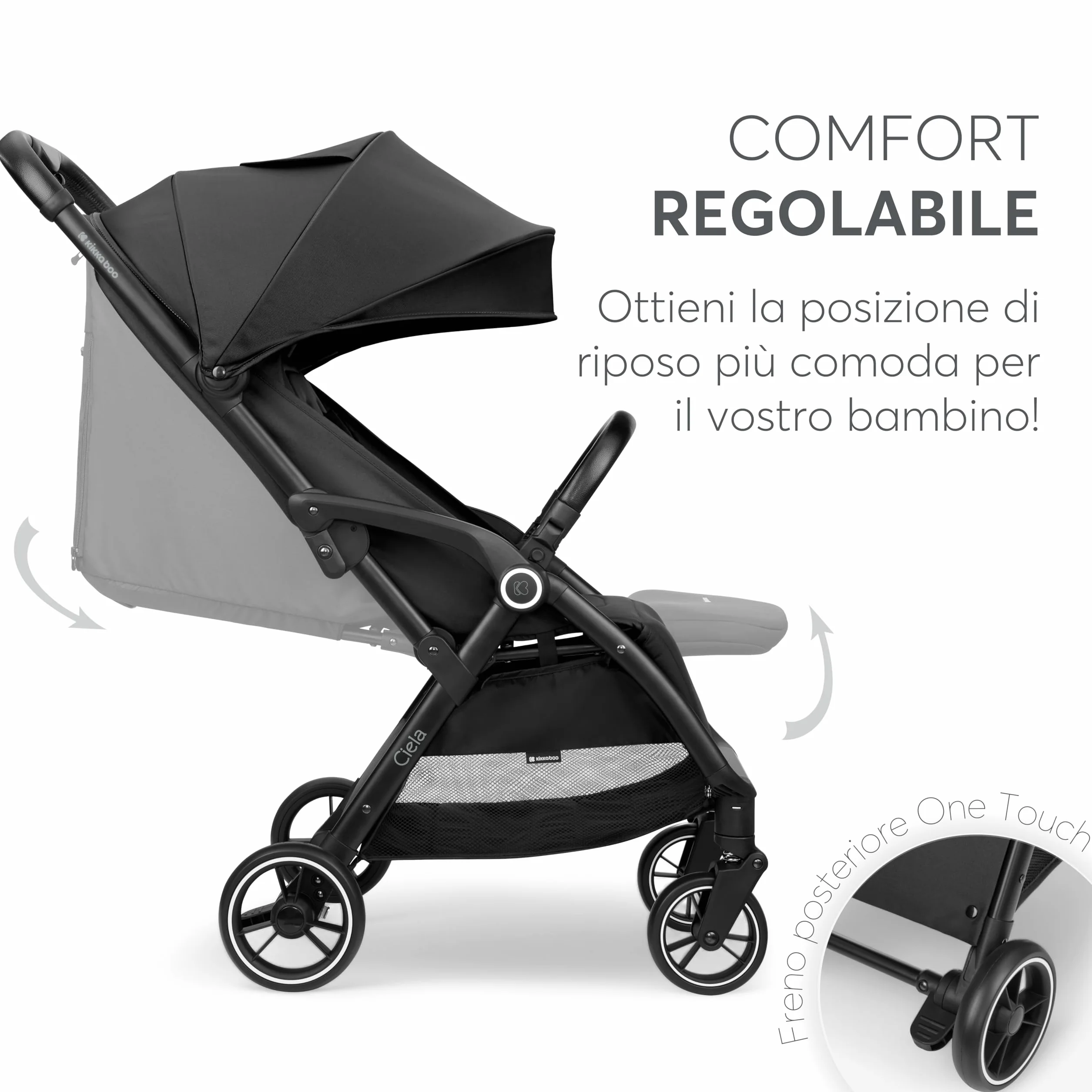 KikkaBoo Passeggino Leggero CIELA fino a 22 kg, Piegatura Automatica, Schienale Reclinabile, Nero
