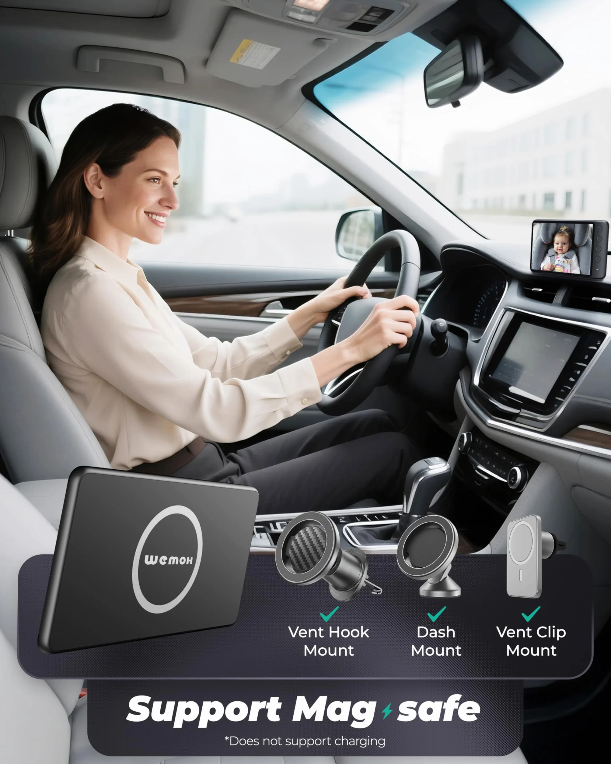 Telecamera Magnetica Doppia per Auto per Bambini, Display IPS 1080P con Supporto Magnetico, 3 Modalità (Zoom/Specchio/Split), Visione Notturna Automatica, Telecamera per Auto USB per Bambini a