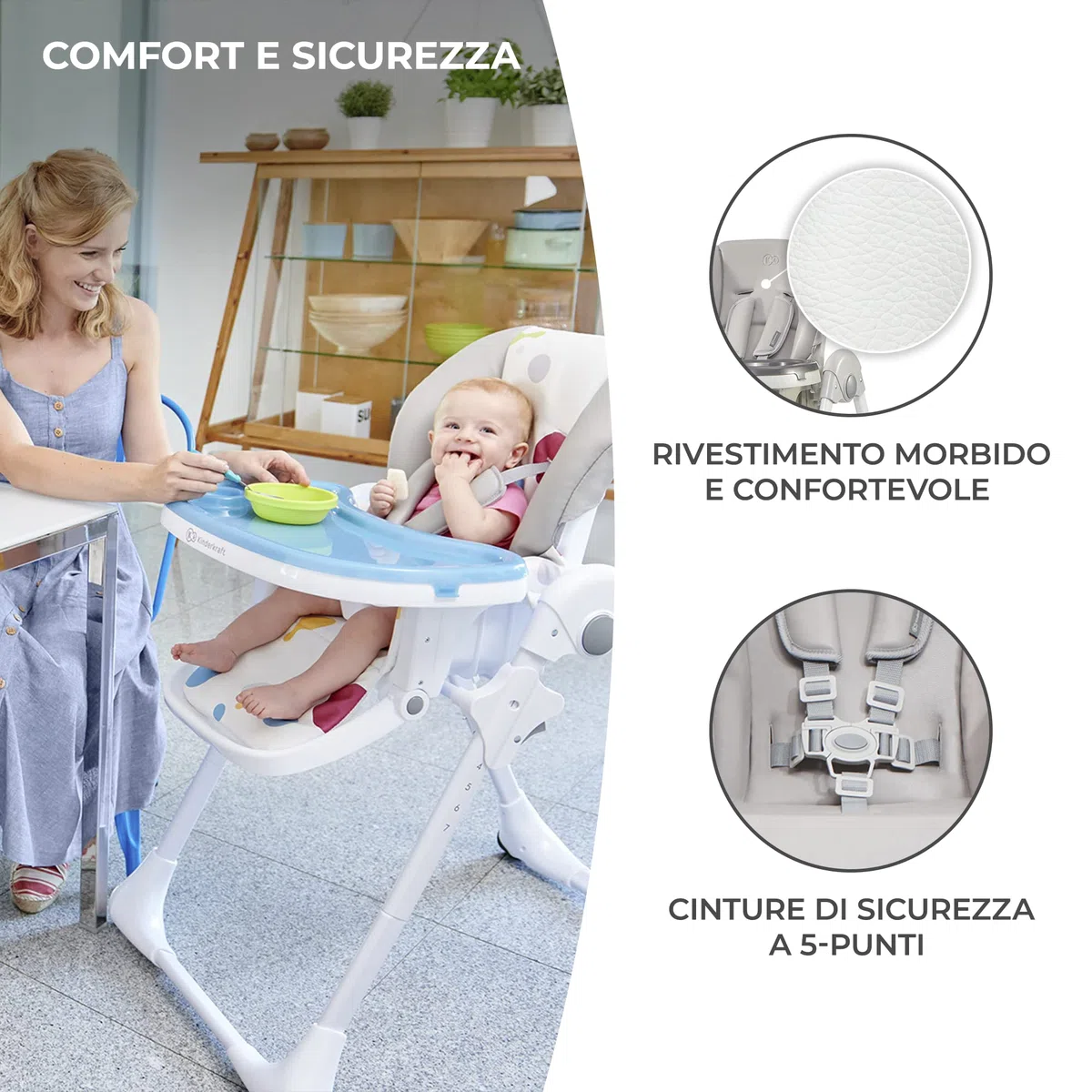 Kinderkraft YUMMY Seggiolone Pappa, Regolabile, Pieghevole, Ripiano Smontabile, per Bambini da 6 Mesi fino a 3 Anni, Grigio
