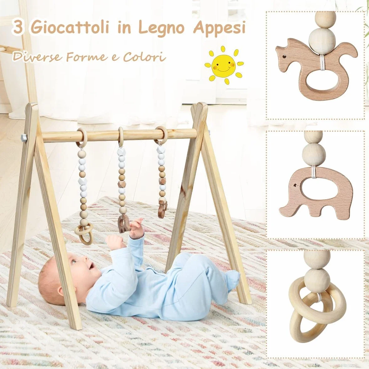 Palestrina Neonato Legno Montessori RELAX4LIFE con 3 Catene Diverse Rimovibili Baby Gym Multifunzione