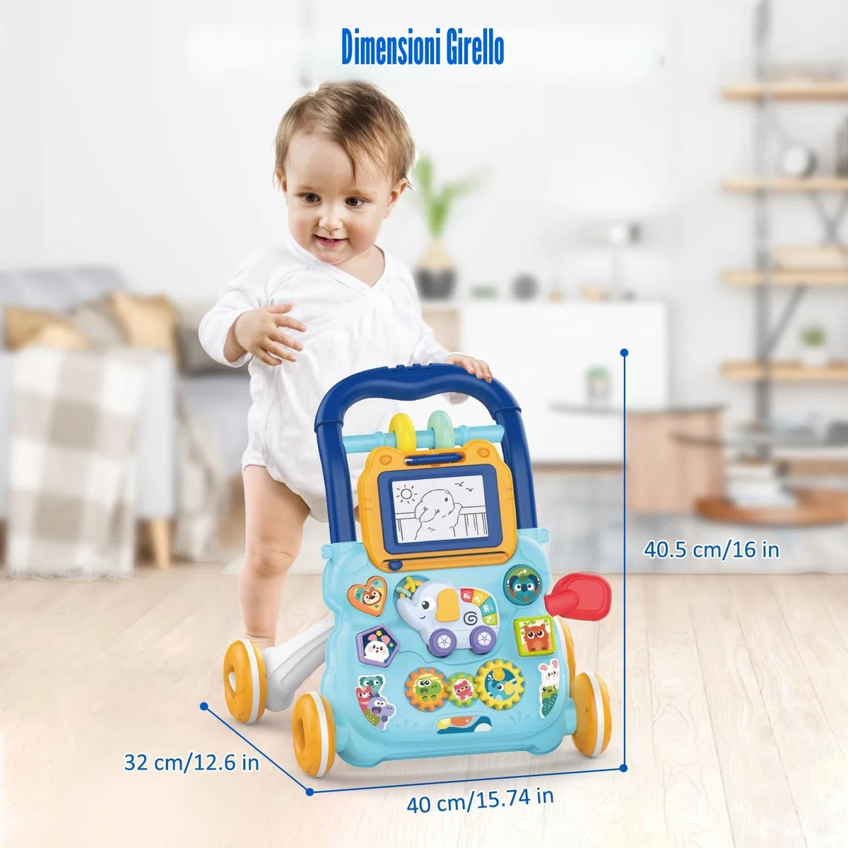 Camminatore per Bambini da Seduto a in Piedi, 2 In 1 Giocattolo a Spinta Bambini con Musica e Lavagna da Disegno, Centro di Attività Educativa Precoce Multifunzionale per Neonati 12M+ (Blu)
