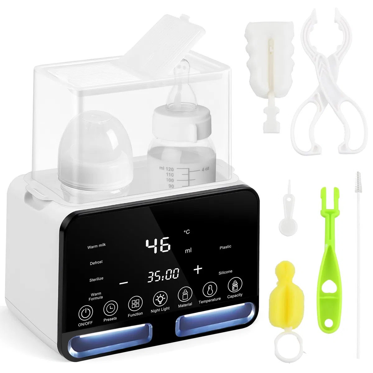 Scaldabiberon e Sterilizzatore 9-in-1, Biberon Sterilizzatore senza BPA, Riscaldamento Rapido del Latte Materno, Scongelare, Scaldabaschette per Bambini con Display LCD, Multifunzione