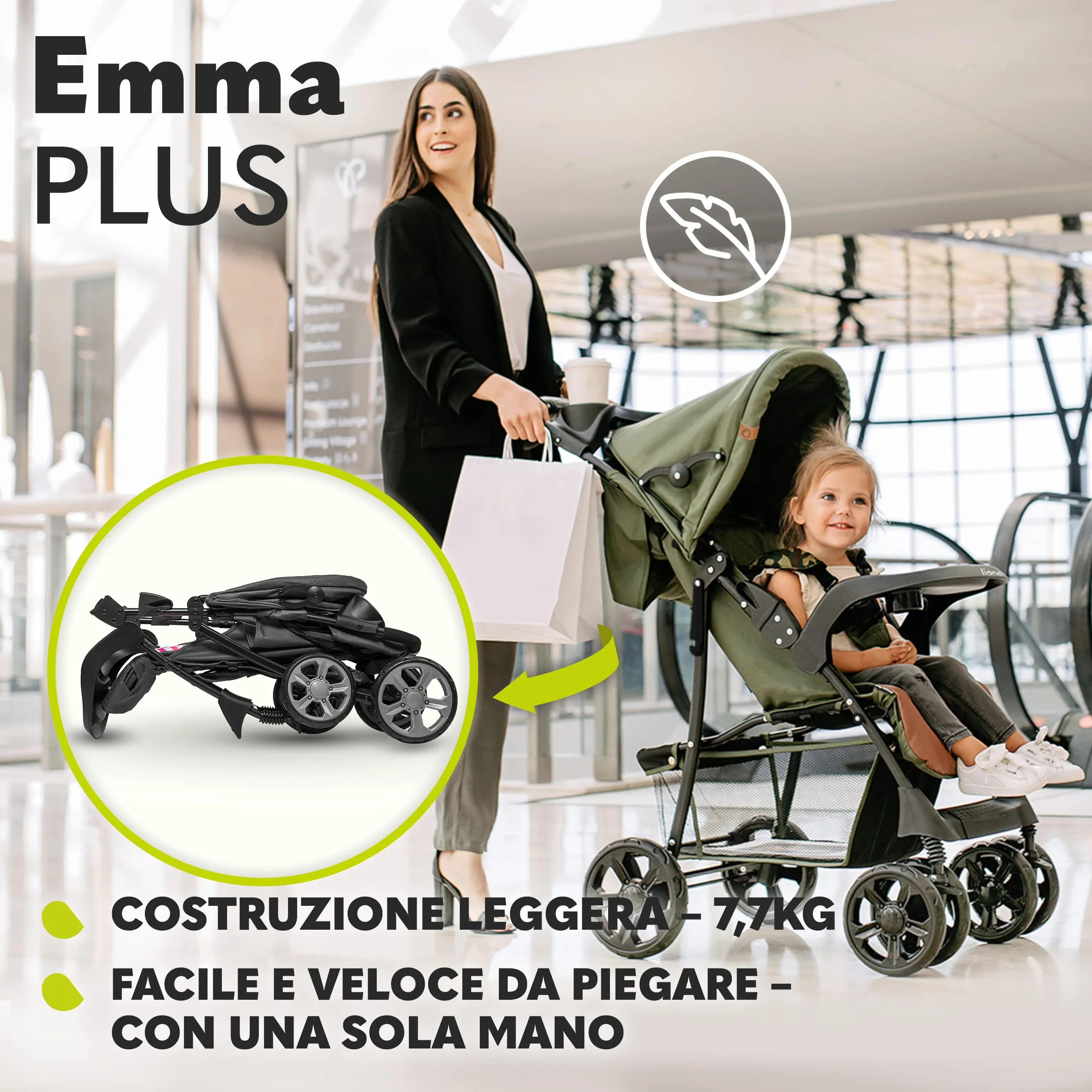 Lionelo Emma Plus Passeggino Leggero Pieghevole 6 Mesi 15kg Schienale Regolabile Sdraiata Cinture 5 Punti Ammortizzatori Cappotina XXL Vassoio Portabibite Borsa