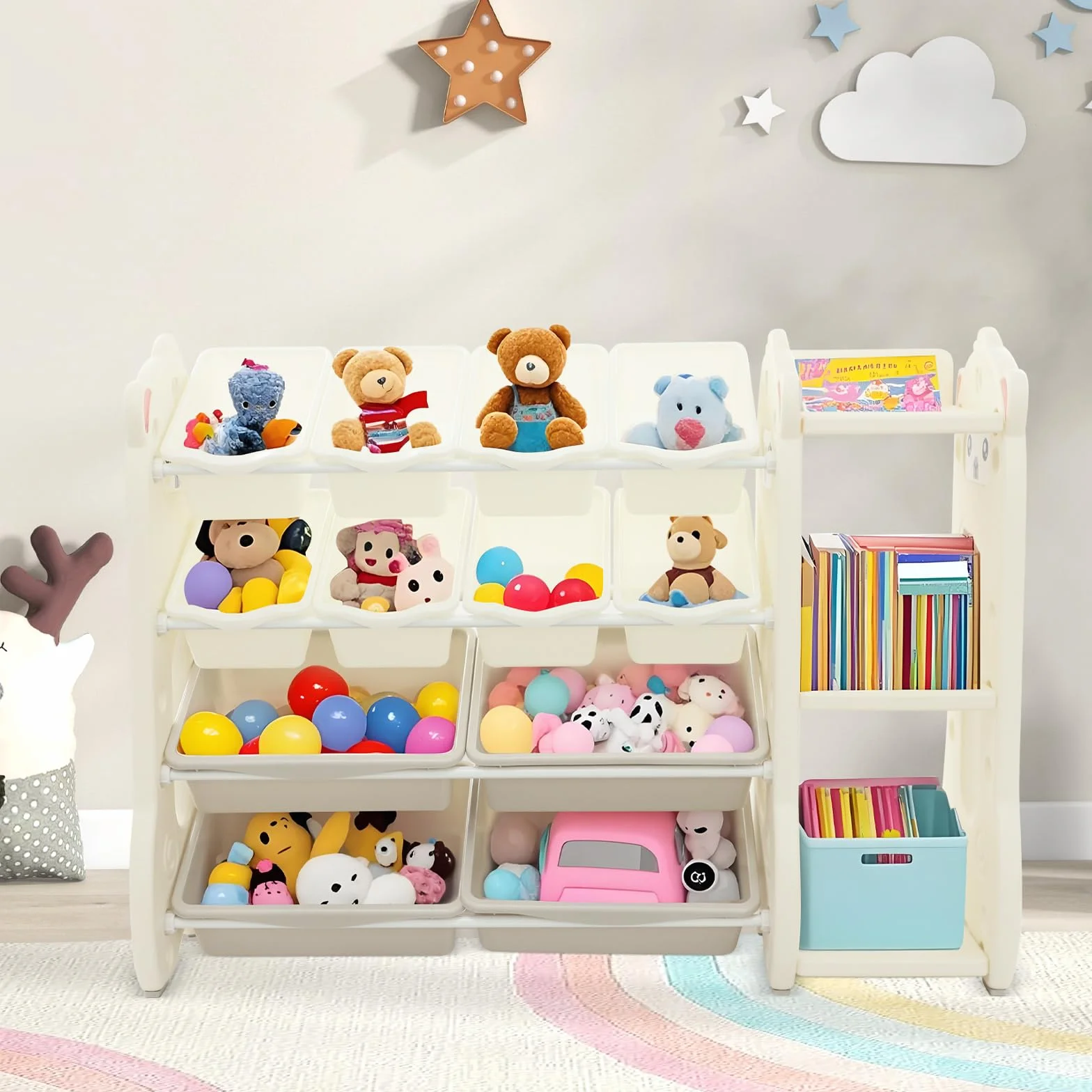 Scaffale per giocattoli per bambini con 12 vani portaoggetti, angoli arrotondati e imbottitura antiscivolo