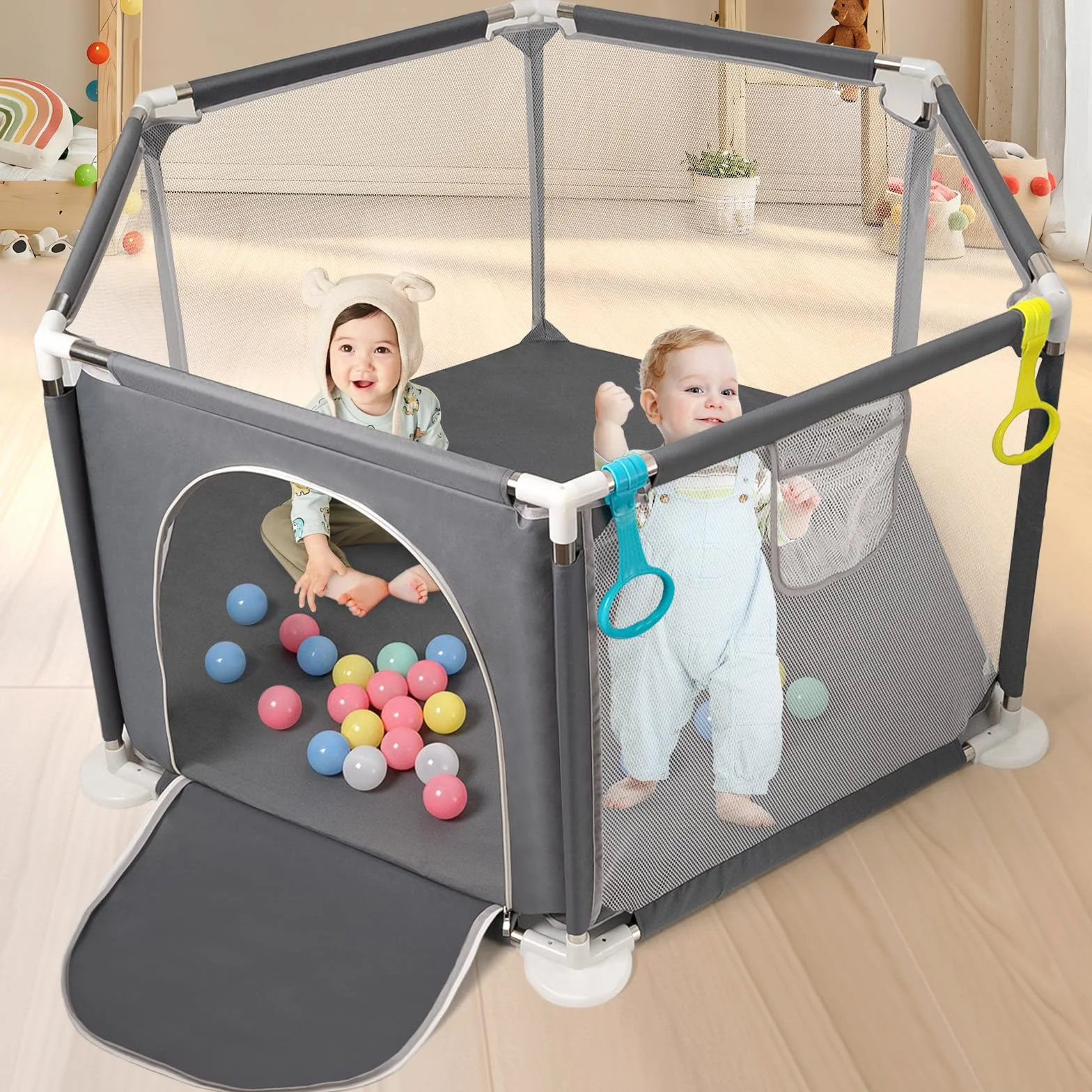 CHOLY Box esagonale per neonati con rete traspirante, recinzione attività bambini, borsa viaggio grigio scuro