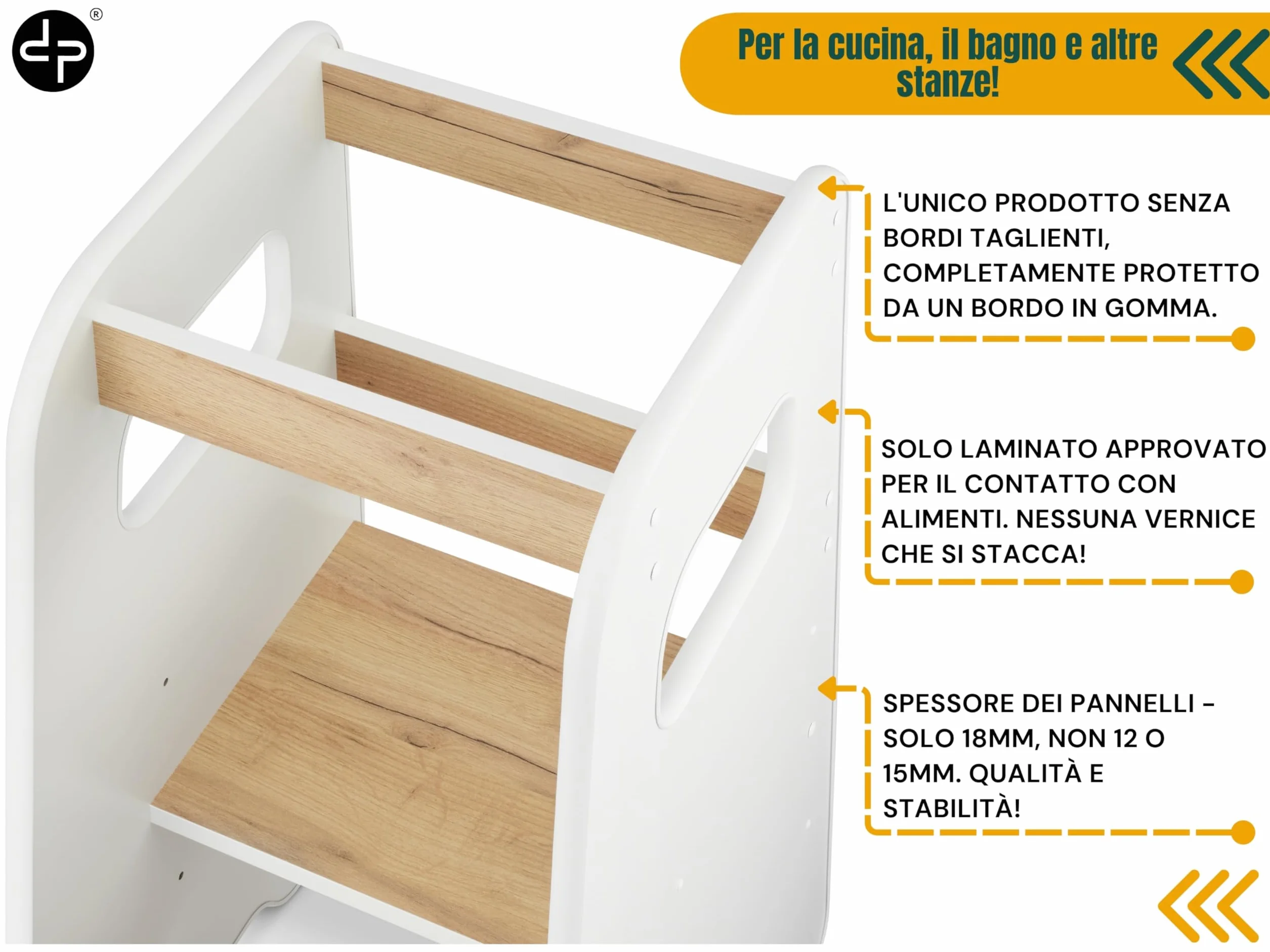 Torre Montessoriana bambini 1 anno Altezza regolabile 3 livelli Sgabello cucina Learning tower Bianco & Rovere