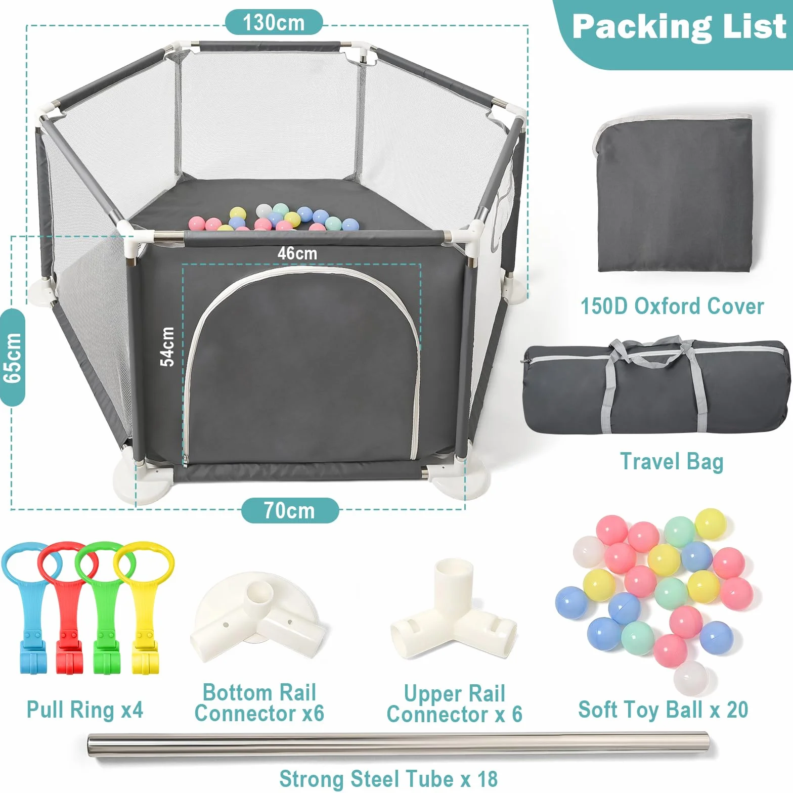 CHOLY Box esagonale per neonati con rete traspirante, recinzione attività bambini, borsa viaggio grigio scuro